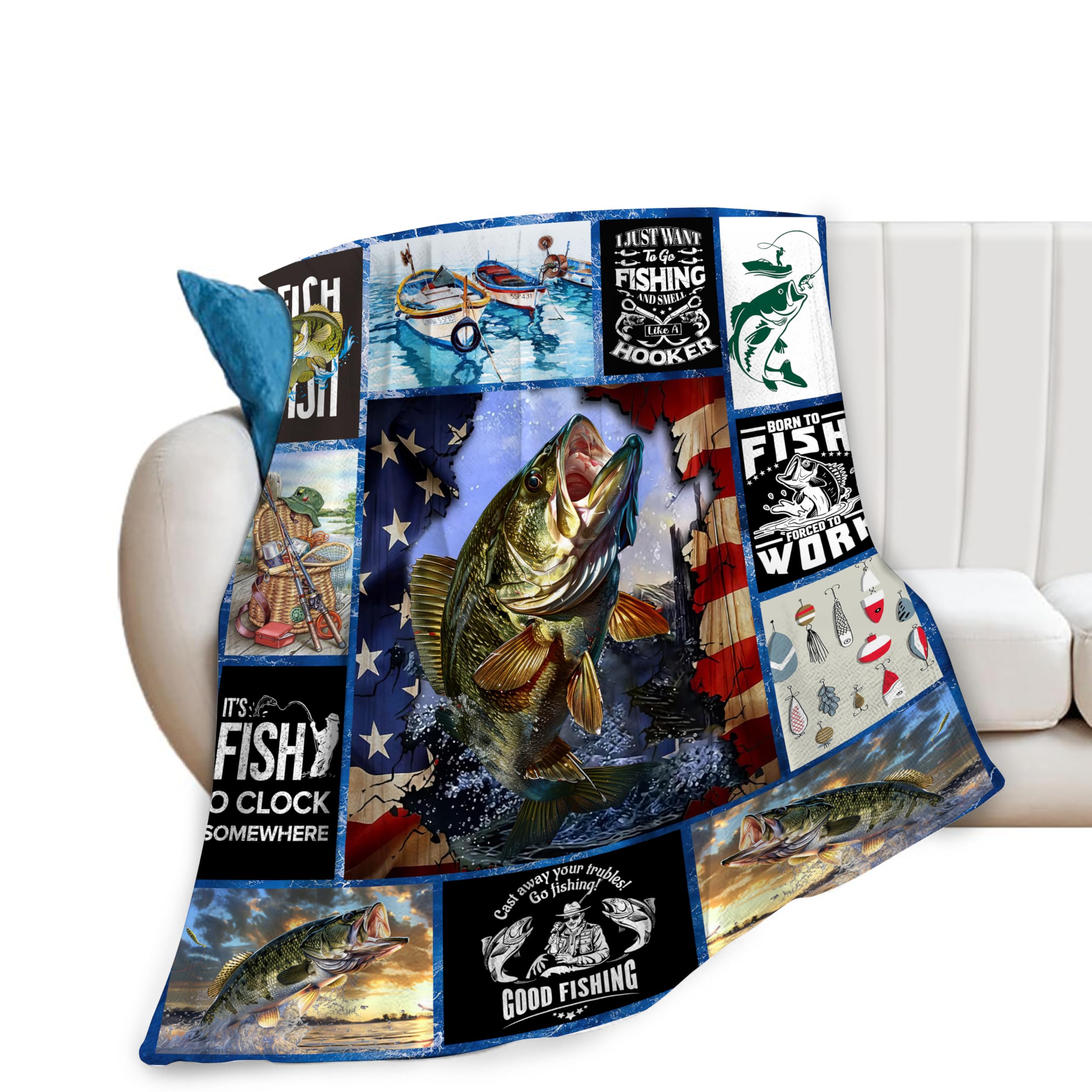 Banonaty Men's Fishing Fish Throw Blanket Cozy Fleece Flannel 40"X50" Art Deco Patterned Gift For Fisherman