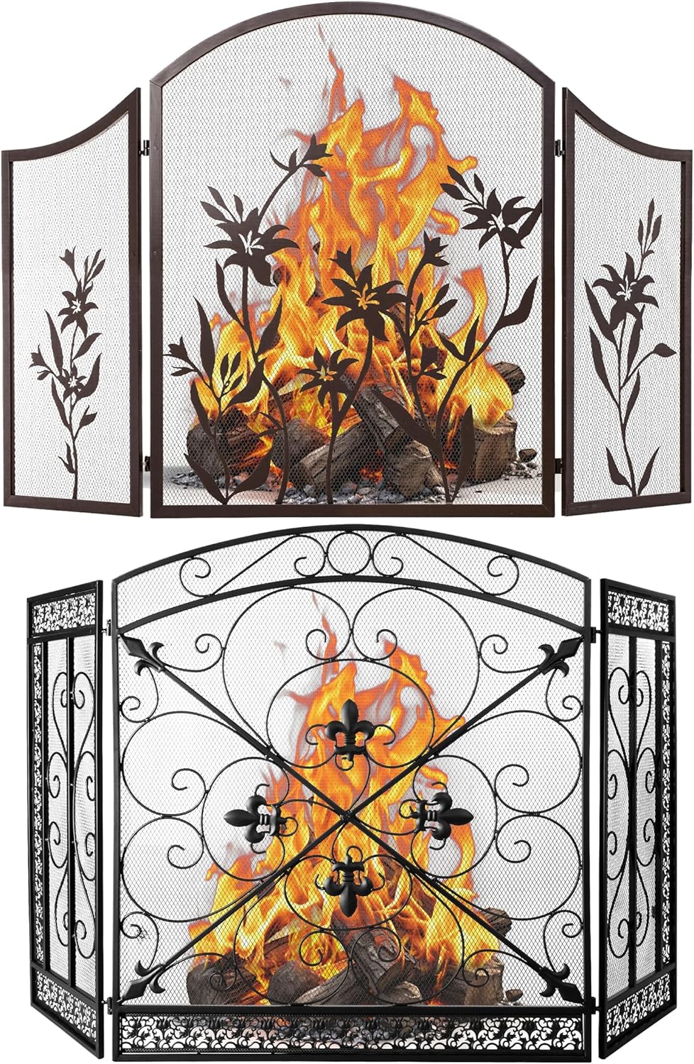 WICHEMI Fireplace Screen 3 Panel Folding Fireplace Screens Gold Metal Furnace Fireguards Mesh Cover Baby Safe Proof Fence Spark Guard Cover Wrought Iron Fire Place Standing Gate (Style 6+Style 9)