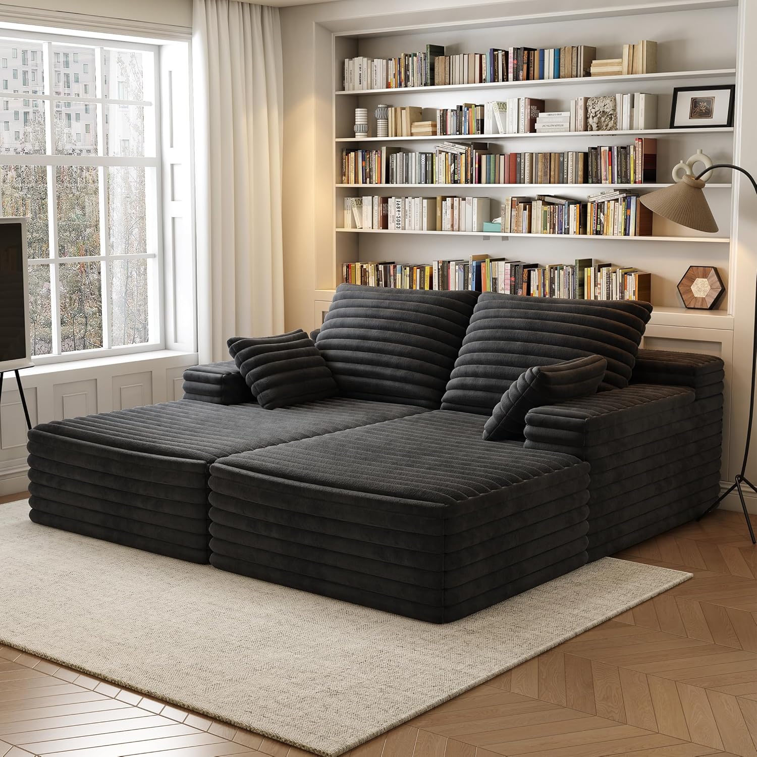 80" Oversized Double Chaise Lounge Chair, Plush Upholstered Sectional Sofa Bed, Deep Seat Sleeper Couch with Pillows, Modern Memory Foam Loveseat for Living Room ，Bedroom, No Assembly Required，Black