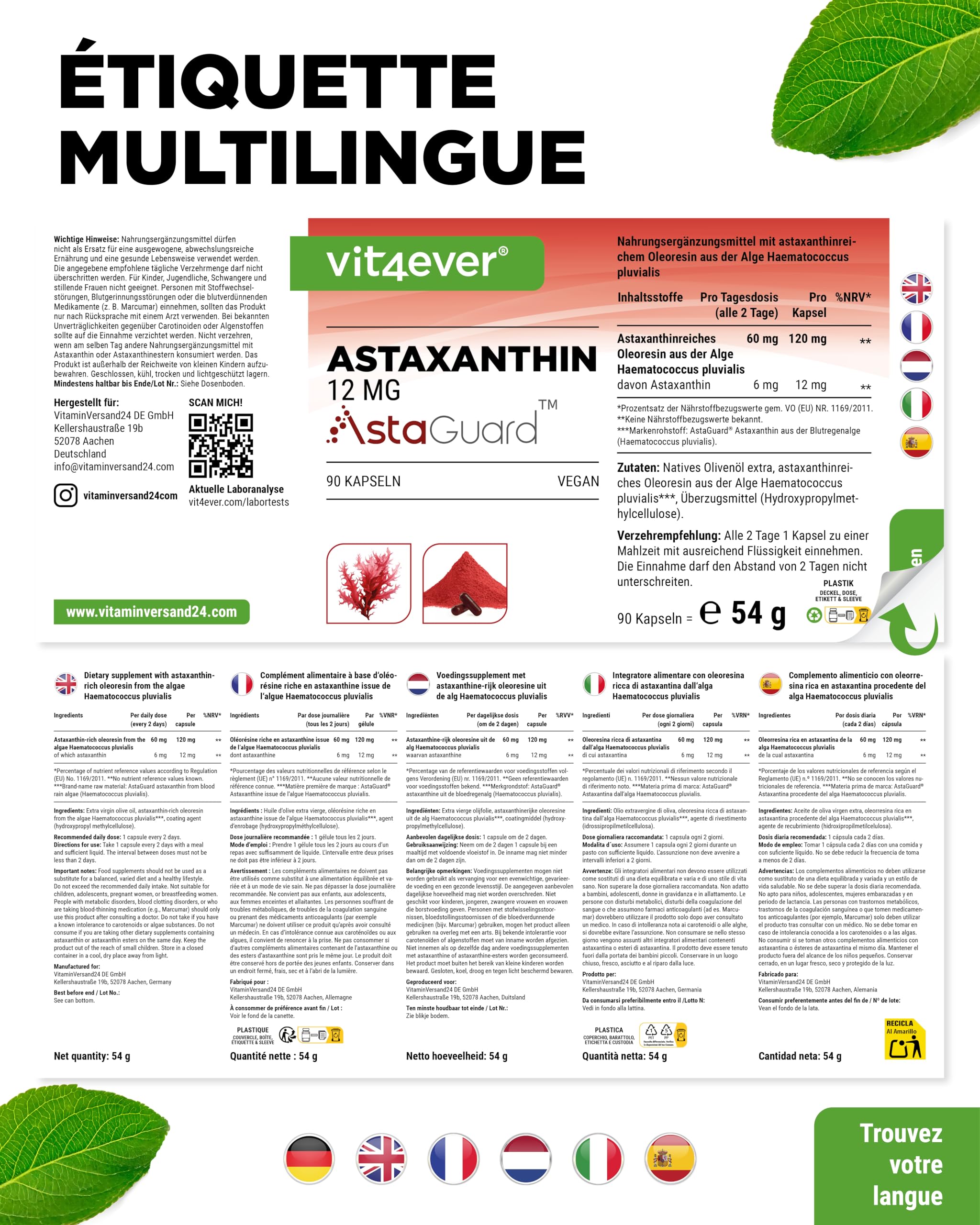 vit4ever Astaxanthine 12 mg AstaGuard® - 90 Gélules Vegan - Hautement Dosé - Réserve de 6 Mois - Oléorésine Premium de Haematococcus pluvialis