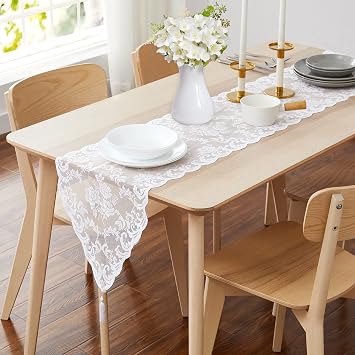 ASATEX 14 x 36 Inch White Lace Table Runner with 2 Tassels. Classic Stylish Floral Pattern is Ideal Choice for Any Luxury Dining Room, Birthday, Wedding or Holiday Celebration. MIR White 36"
