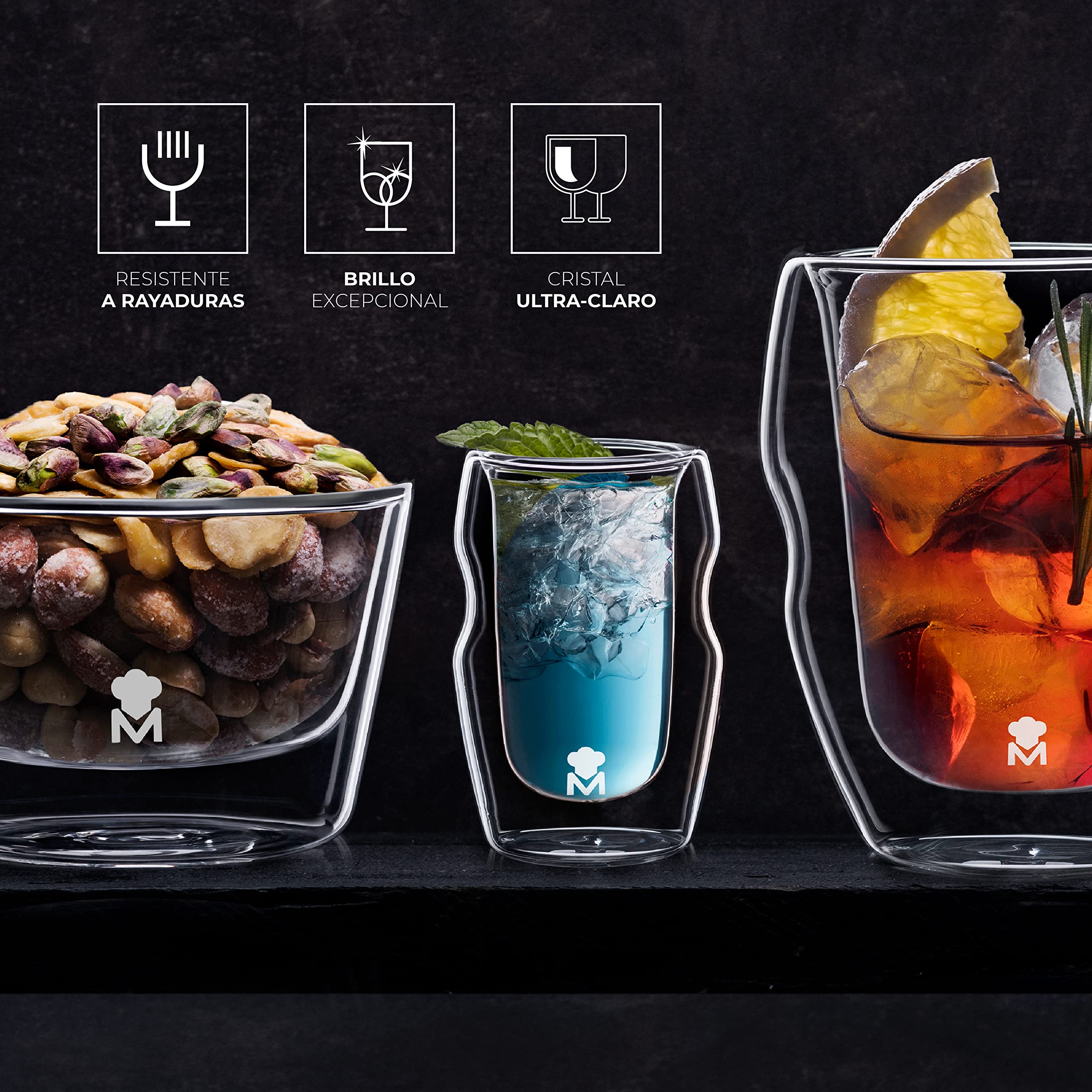 MasterPro Mixology - Zestaw 4 szklanek alkoholu 50 ml wykonany z borokrzemu, Przezroczysty, odporny na nagłe zmiany temperatury, Podwójny kryształ, nadaje się do zmywarki, Beztoksyczny