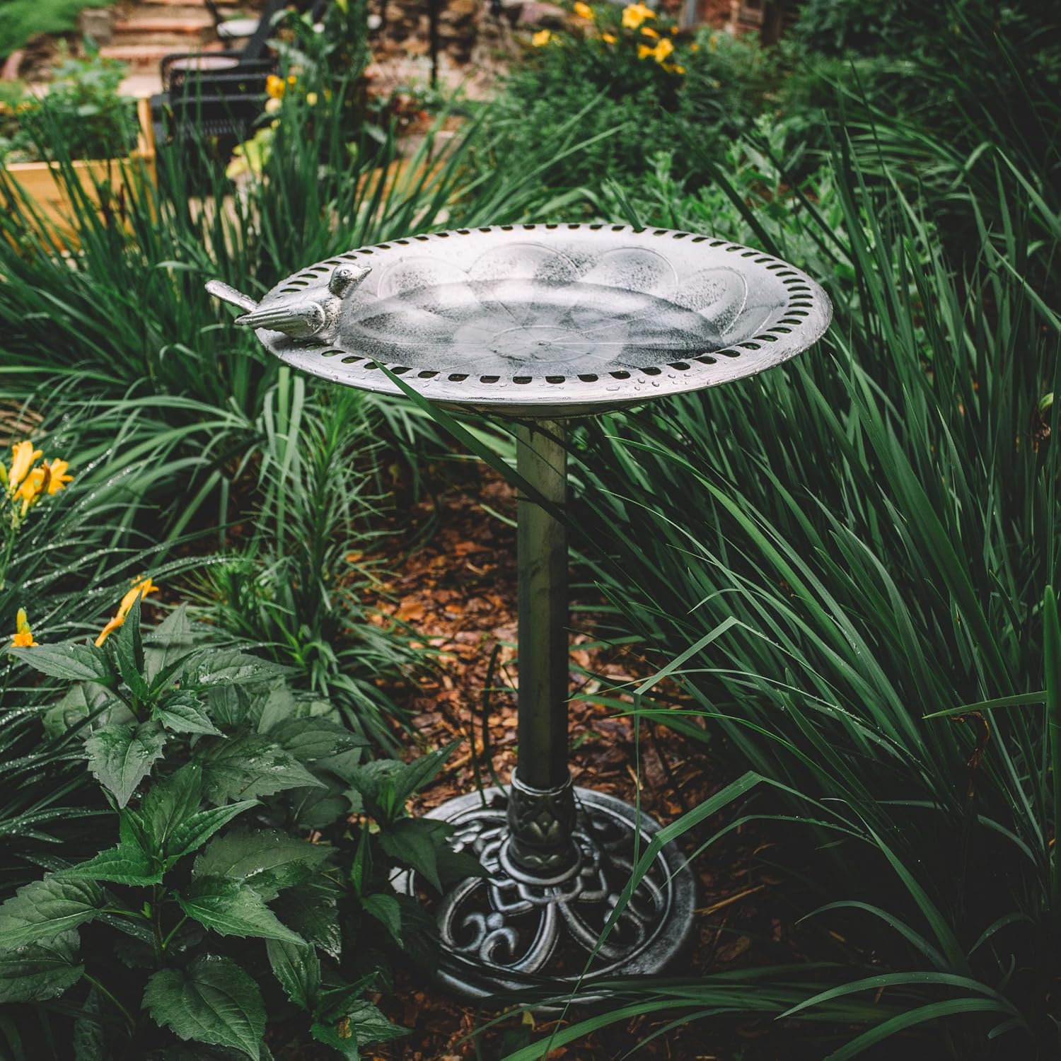 Backyard Expressions Outdoor Garden Bird Bath with Bird - Silver - Weather Resistant Polyresin - 30 Inch