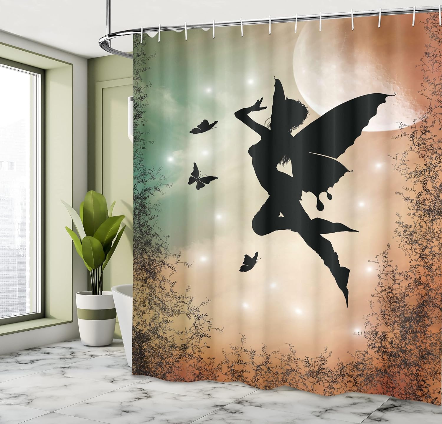 Ambesonne Nature Shower Curtain, Black Angel Wings Butterflies and Sun Like Alluring Round Art Print, Cloth Fabric Bathroom Decor Set with Hooks, 69" W x 70" L, Multicolor Black