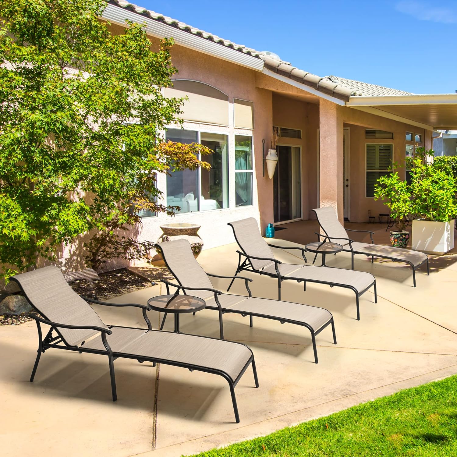 HAPPATIO Patio Chaise Lounge Set 6 Pieces,Patio Lounge Chair with Glass Coffee Table,Pool Lounge Chair with Breathable Textilene Fabric,Patio Chaise Lounge Chair(Khaki) : Patio, Lawn & Garden