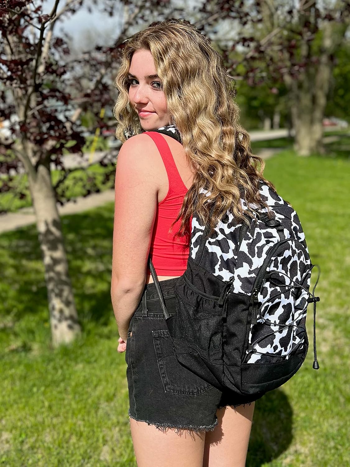 Choco Mocha Cow Print Backpack for Teen Girls, Travel School Backpack for Girls Middle School Large Bookbag 18 Inch, Black - Image 6