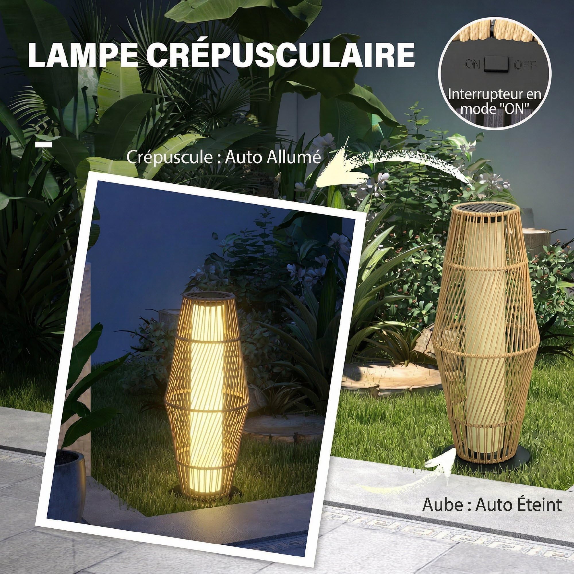 Outsunny Lanterne Solaire Extérieure en Résine Tressée avec Capteur de Lumière, Lampadaire LED Extérieur, 26x26x68cm, Sable