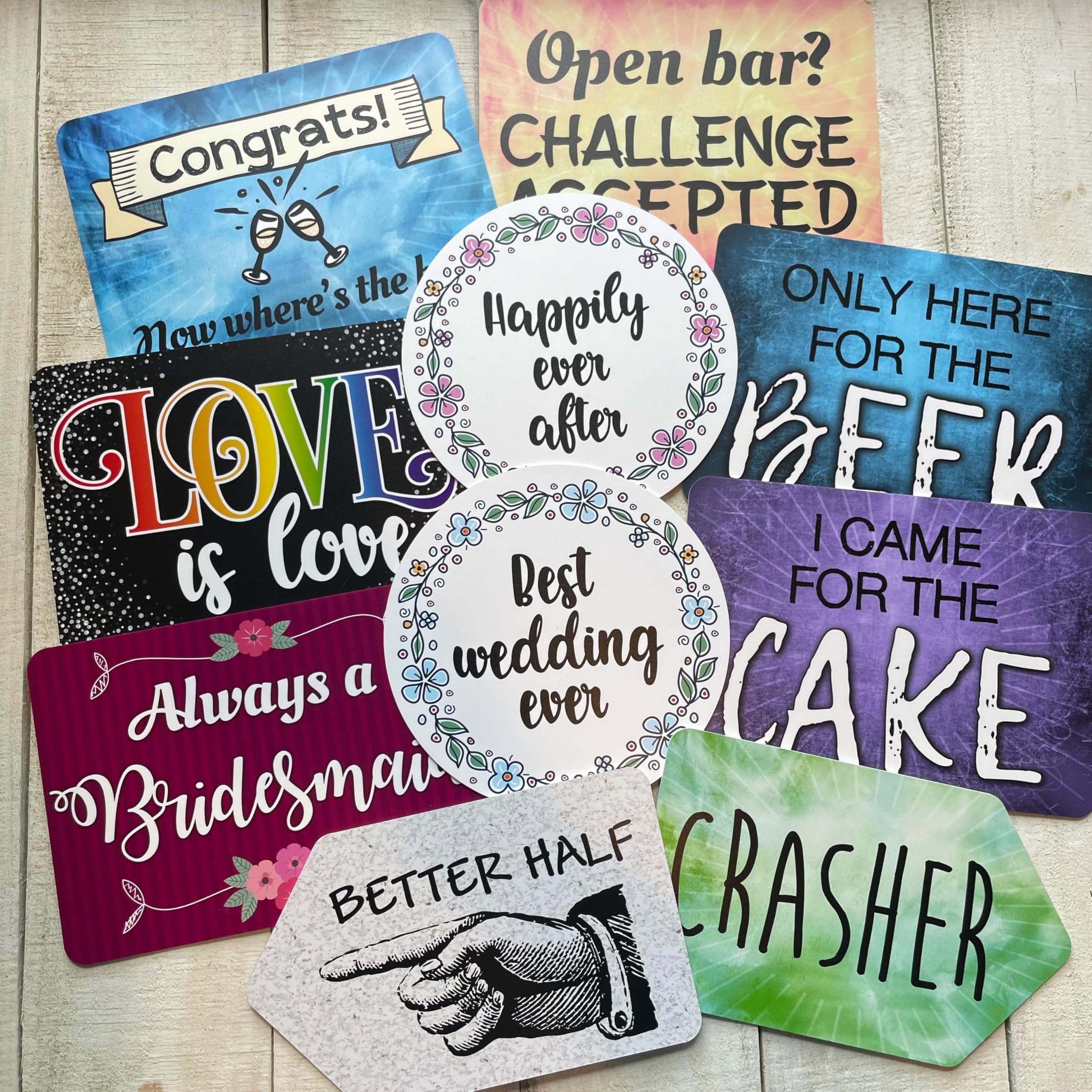 Plastic Photo Booth Props - Set of 5 Signs / 10 Phrases - Wedding Mix