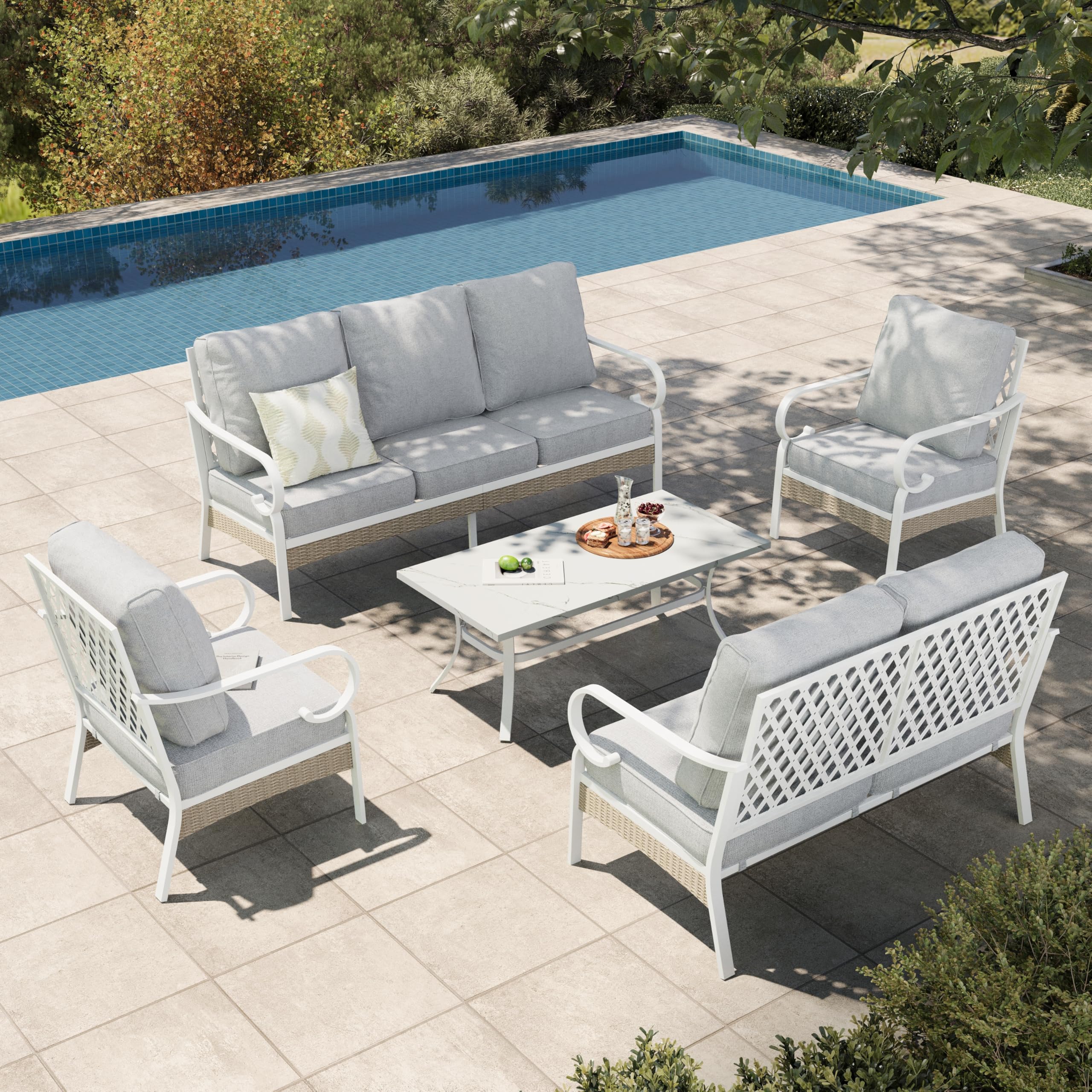 HERA'S HOUSE 5 Piece Metal Patio Furniture Set, 7 Seats All Weather Outdoor Conversation Set, 3 Seat Sofa with Loveseat, 2 Fixed Chairs, Coffee Table