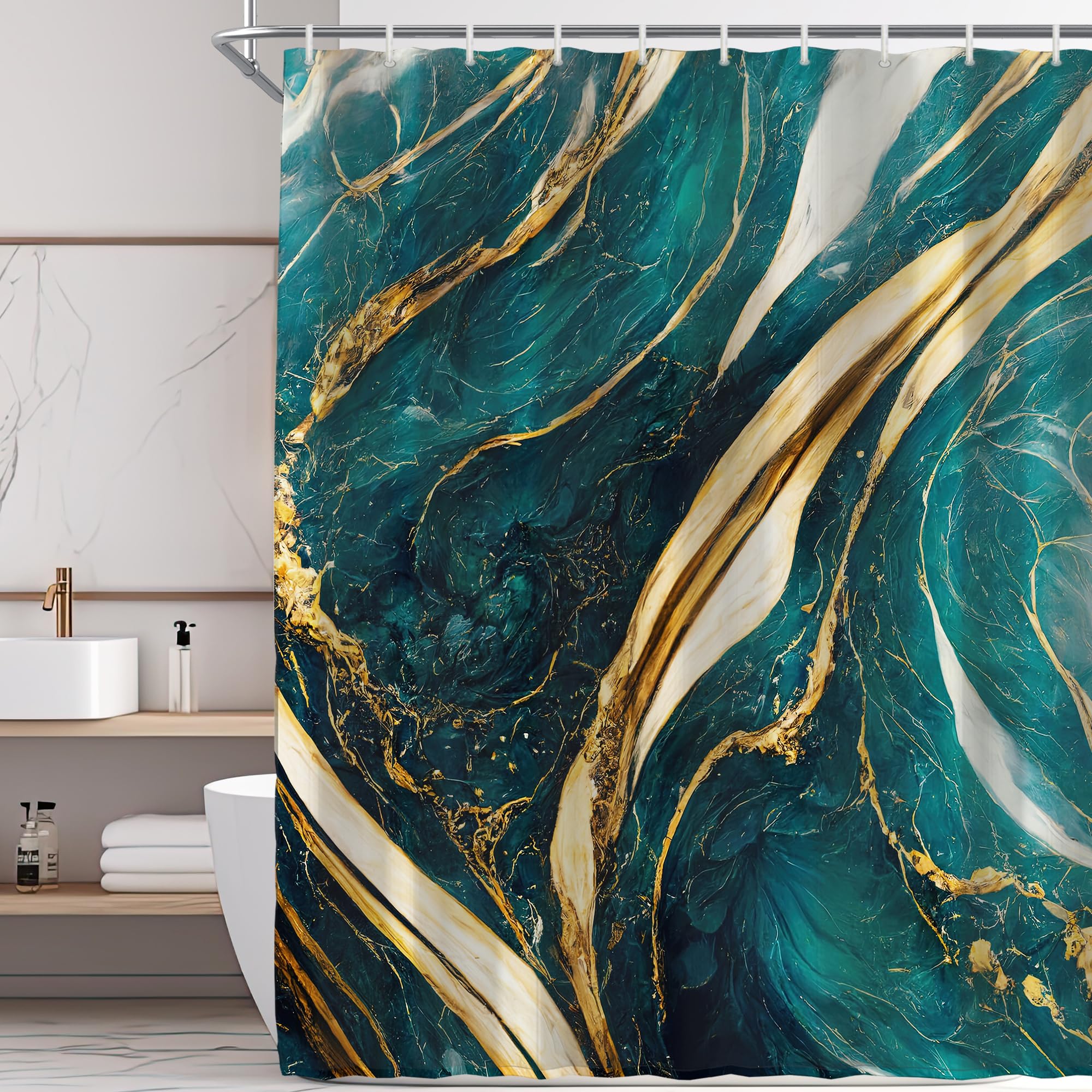 Visioun Teal Turquoise Emerald Green Marble Shower Curtain for Bathroom 60W*72H Inch Modern Abstract Texture Bathtub Decor Luxury Aesthetic Waterproof