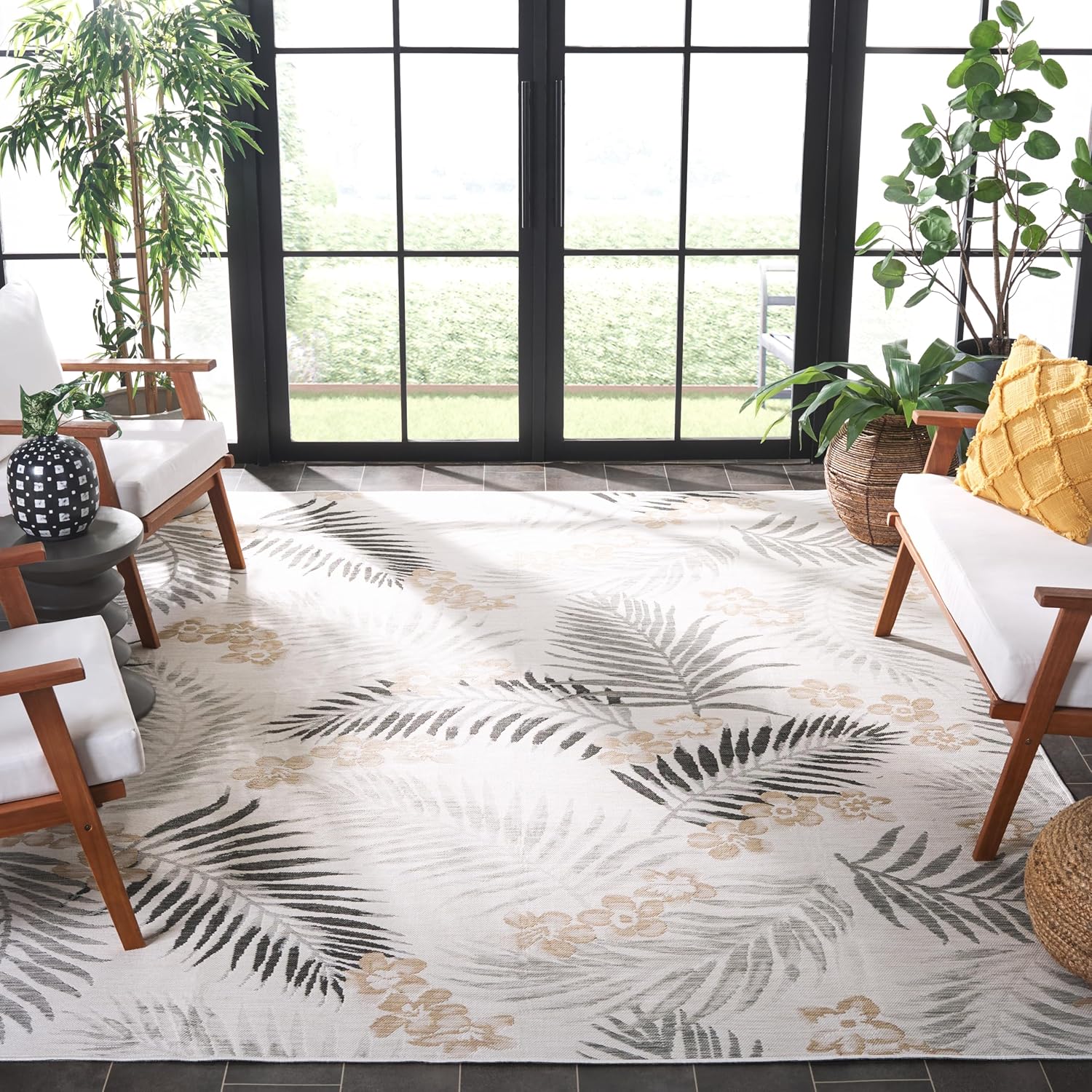 SAFAVIEH Washable Rug Outdoor Sunrise Collection - 8' x 10', Ivory & Grey Black, Non-Shedding & Easy to Clean, Ideal for Patio, Backyard, Mudroom (SUN675B)
