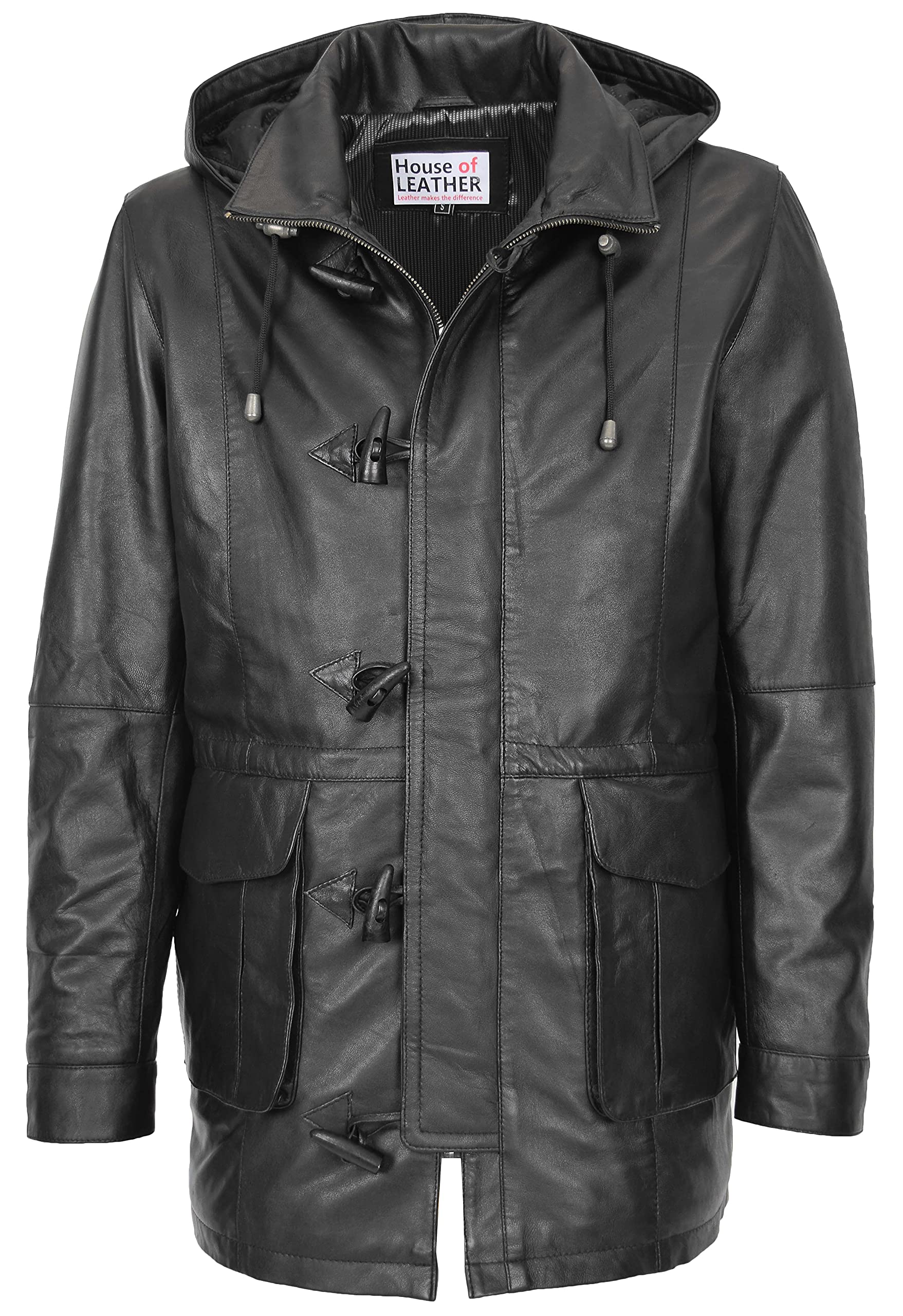 House of Leather Men's Real Leather Duffle Coat Small Black