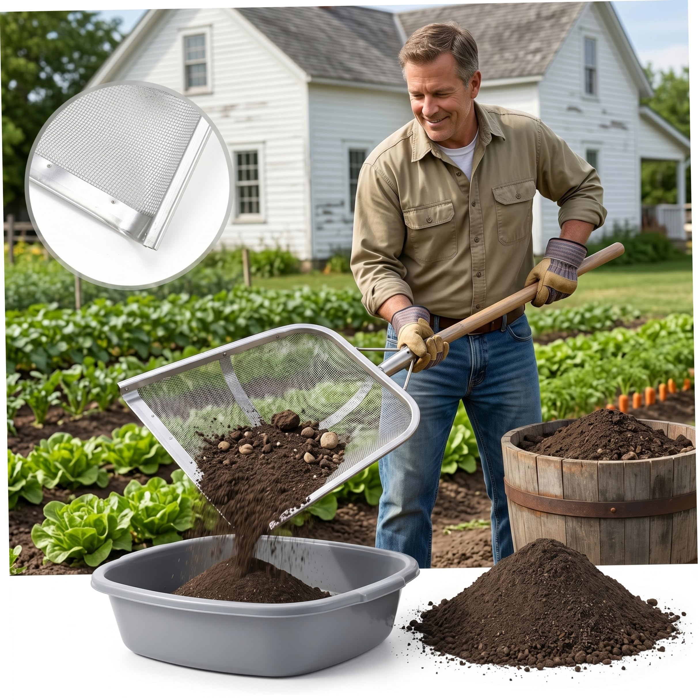 Siebschaufel, Sandsiebschaufel aus verzinktem Kohlenstoffstahl, Hühnerkotschaufel mit 0, 2 cm Maschenweite für Getreide, Gartenarbeit, Silber, 18, 5 x 14, 17 Zoll Sandsieb, Hühnerkotschaufel