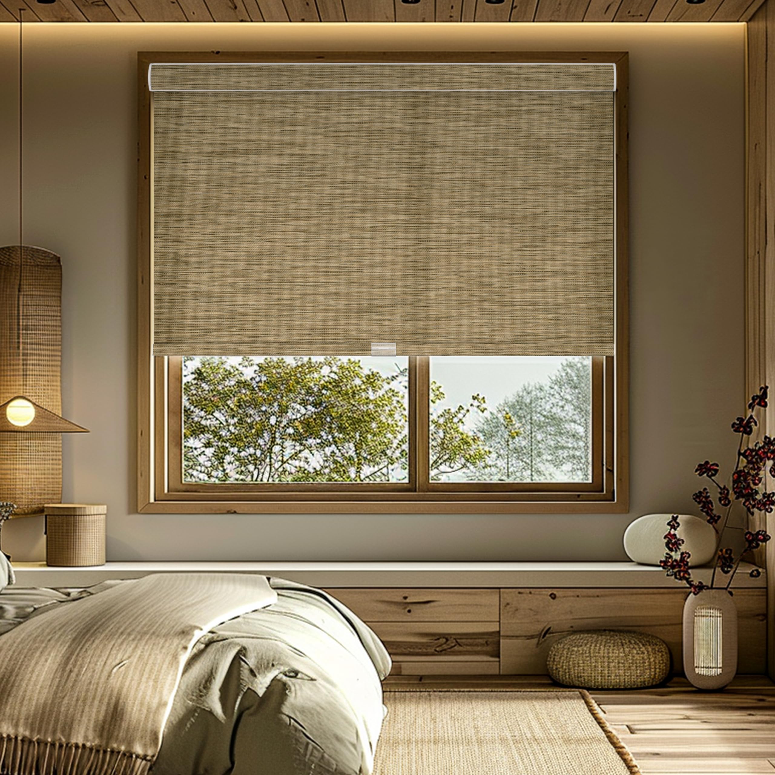 Light Filtering Wood Texture Roller Shades for Windows, Imitation Bamboo Fabric Cordless Roller Blinds, UV Protection Easy to Install Window Shades for Home, Door, Dark Beige, Custom Size