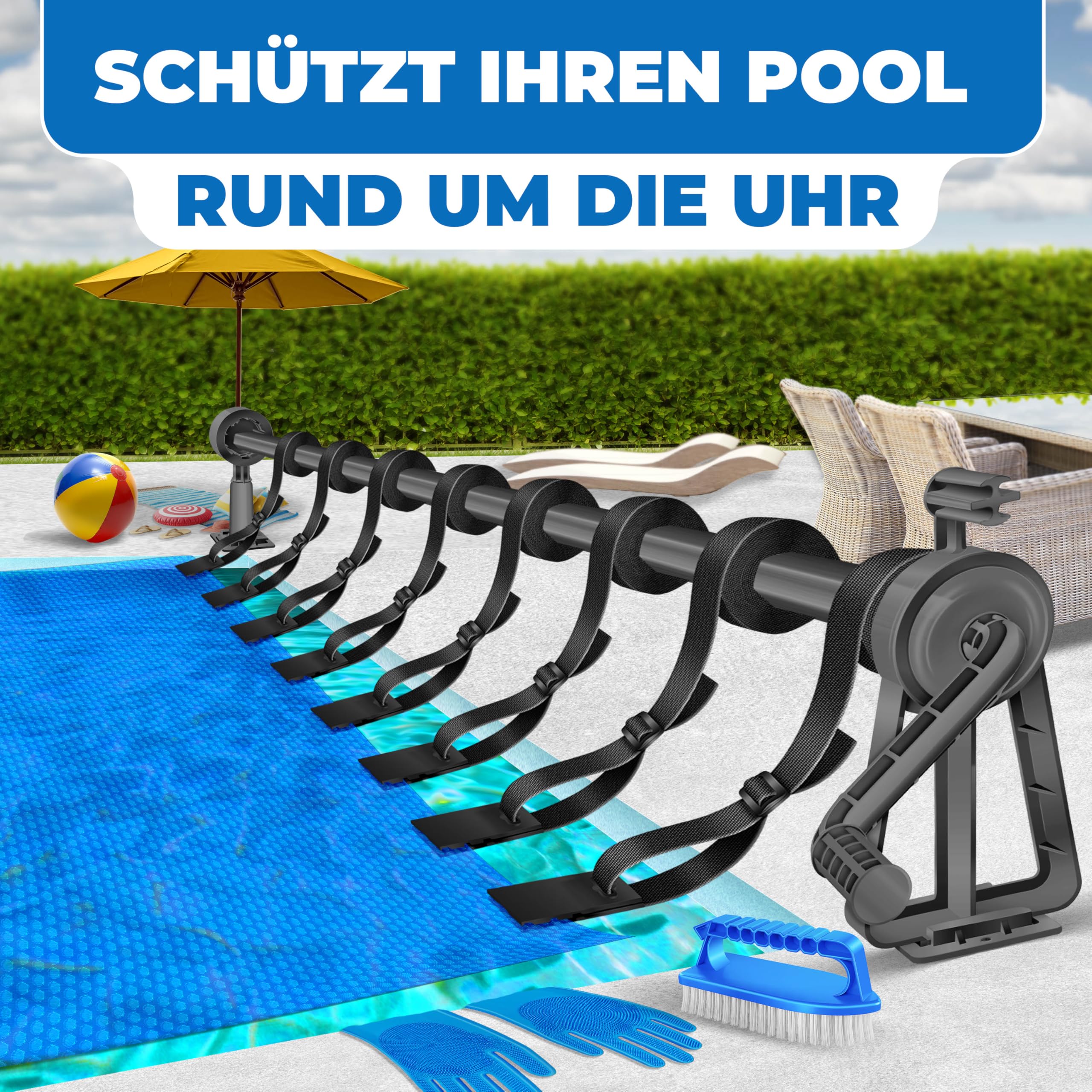 KESSER® Pool Aufroller Premium Aufrollsystem 1,05m - 6,15 m für Solarplane | mobiles Aufrollvorrichtung für Poolplane & Abdeckung inkl. Bänder, Bürste & Handschuhe | witterungsbeständiges Material