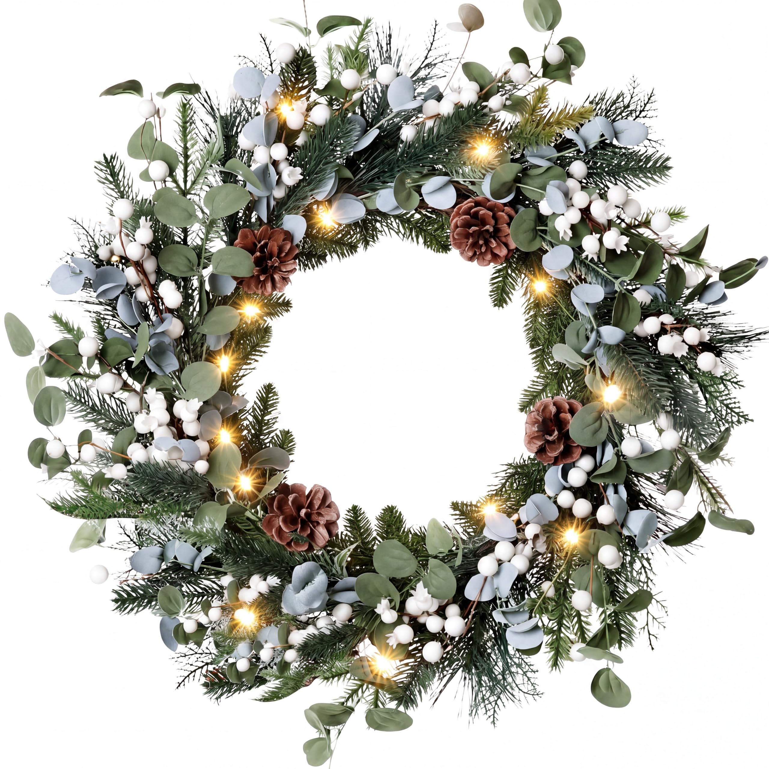 Kajaia Couronne de Noël de 55,9 cm pour porte d'entrée, vacances d'hiver, couronnes de Noël avec aiguilles de pin, pommes de pin, guirlande de verdure pour fenêtre, cour, mur, cheminée, porte
