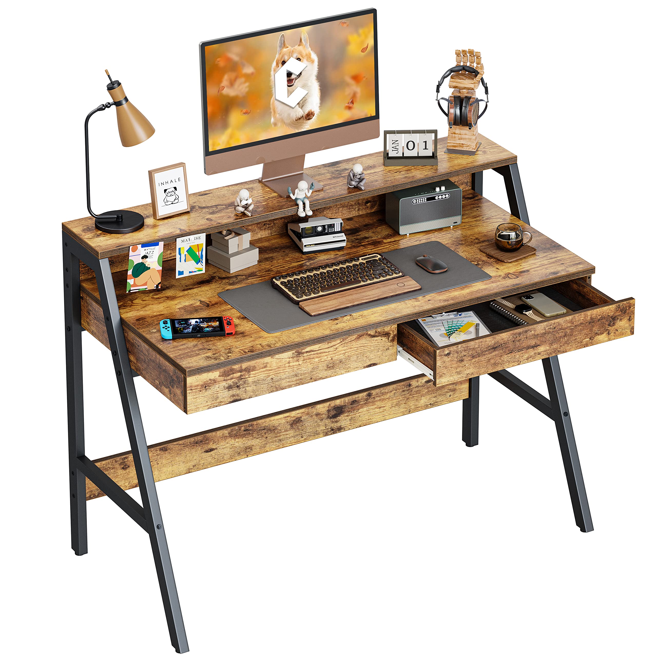 Photo 1 of CubiCubi Computer Desk with 2 Storage Drawers, 47 inch Home Office Desk with Monitor Stand, Writing Study Table, Rustic Brown 47 inch Brown
