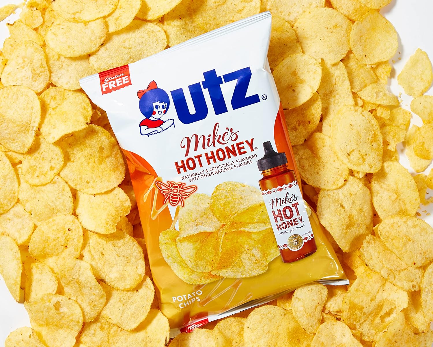 Utz Mike's Hot Honey Potato Chips, 14 ct, 2.625 oz. Bags - Spicy & Sweet Flavor, Gluten-Free, Made with Mike’s Hot Honey Infused with Chilies, Perfect for Snacking On-the-Go or Parties