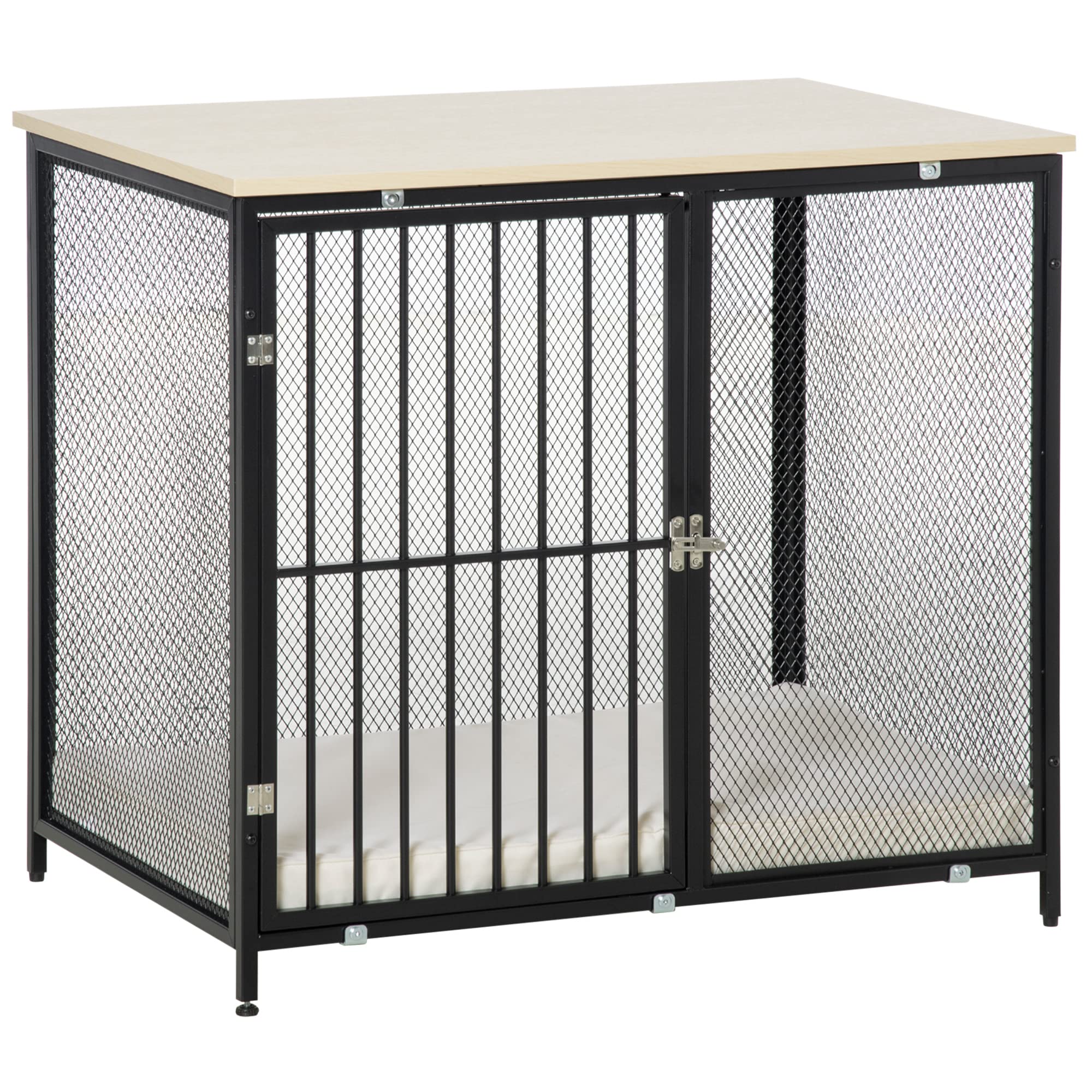 PawHut Jaula para Perros con Encimera 80x55x71 cm Mesa Auxiliar Mueble Perrera con Puerta de Cerradura Cojín de Tela Oxford Lavable y Rejillas de Acero para Interiores Roble y Negro