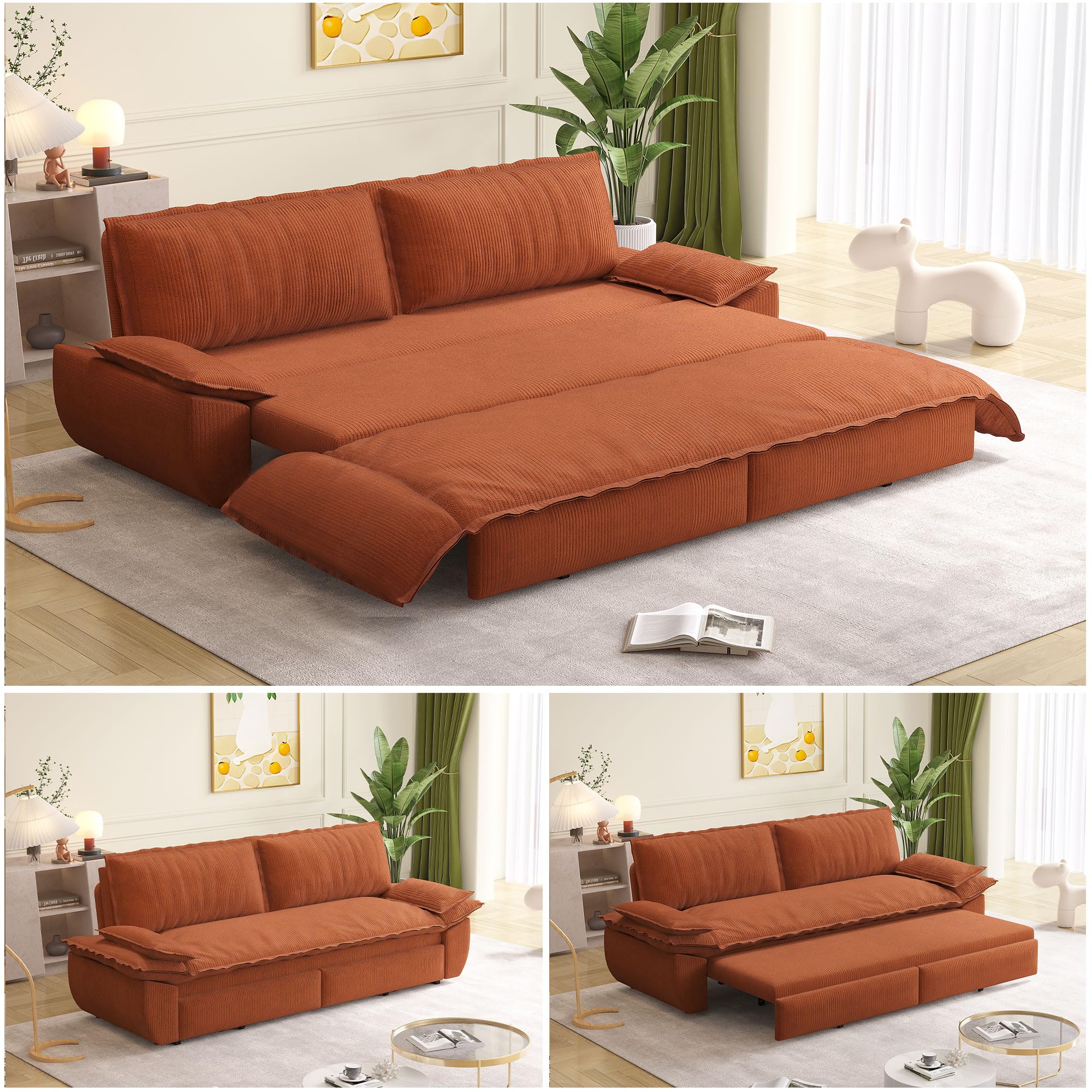 73.2" Queen Size Pull Out Sofa Bed, 3-in-1 Convertible Sleeper, Corduroy Loveseat for Living Room, Apartment, Bedroom Small Spaces, Orange (Mattress & Bedding Not Included)