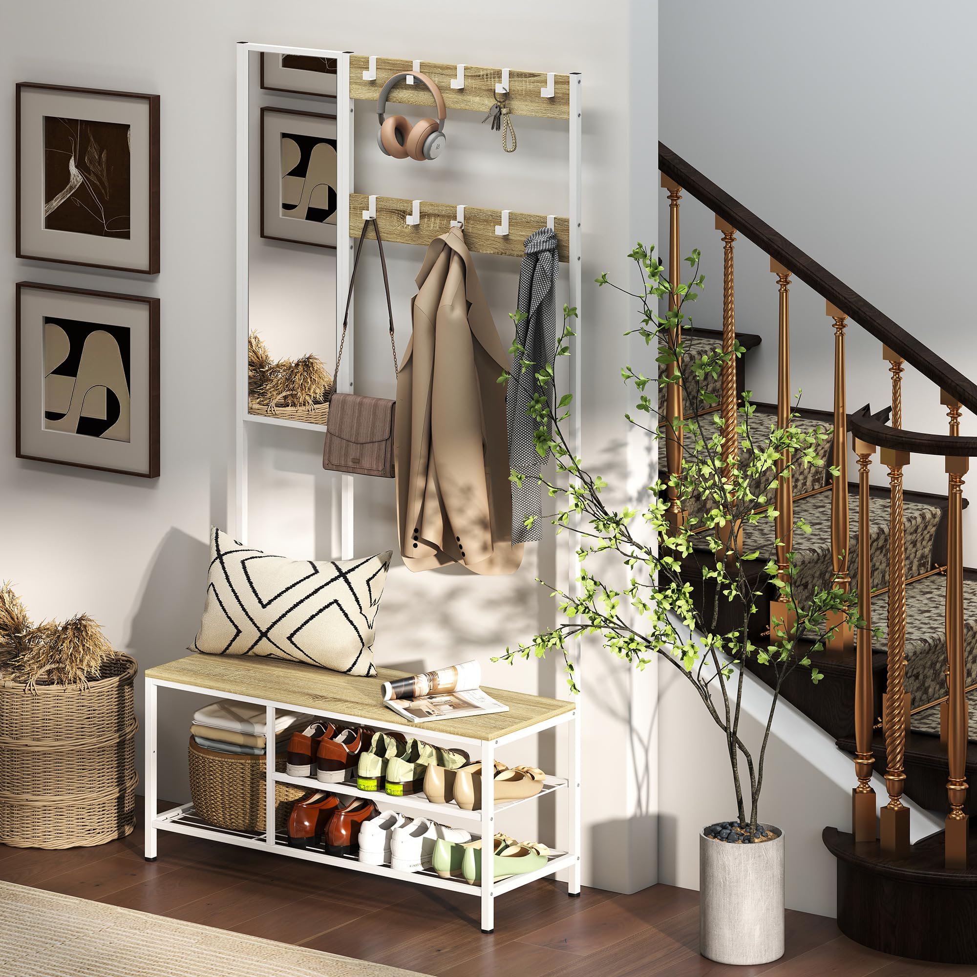HOMCOM Perchero Zapatero con Espejo, 4 en 1, 98x34x186 cm, Madera Natural | Perchero Entrada Recibidor, 3 Estantes, Banco, 10 Ganchos Ajustables, Estilo Moderno, para Pasillo, Dormitorio, Salón