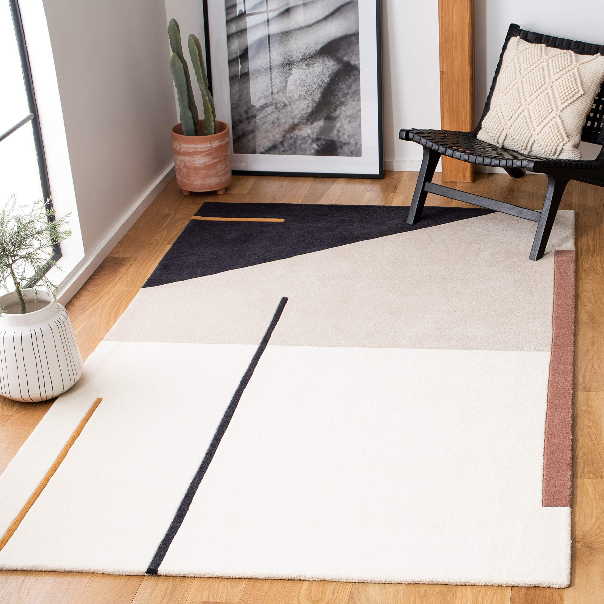 Safavieh Fifth Avenue Collection FTV110A Handmade Mid-Century Modern Abstract Wool Area Rug, 5' x 8', Ivory / Black