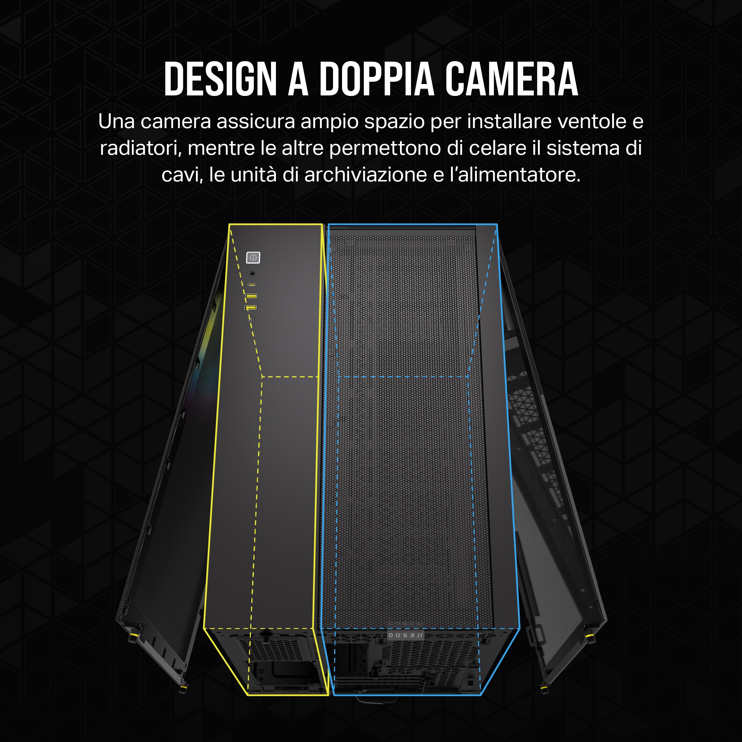 CORSAIR iCUE LINK 2500X RGB Small-Tower mATX Case per PC a Doppia Camera - Vetro Panoramico Temperato - Compatibile con Scheda Madre a Connessione Inversa - 2 Ventole CORSAIR RX120 RGB Incluse - Nero