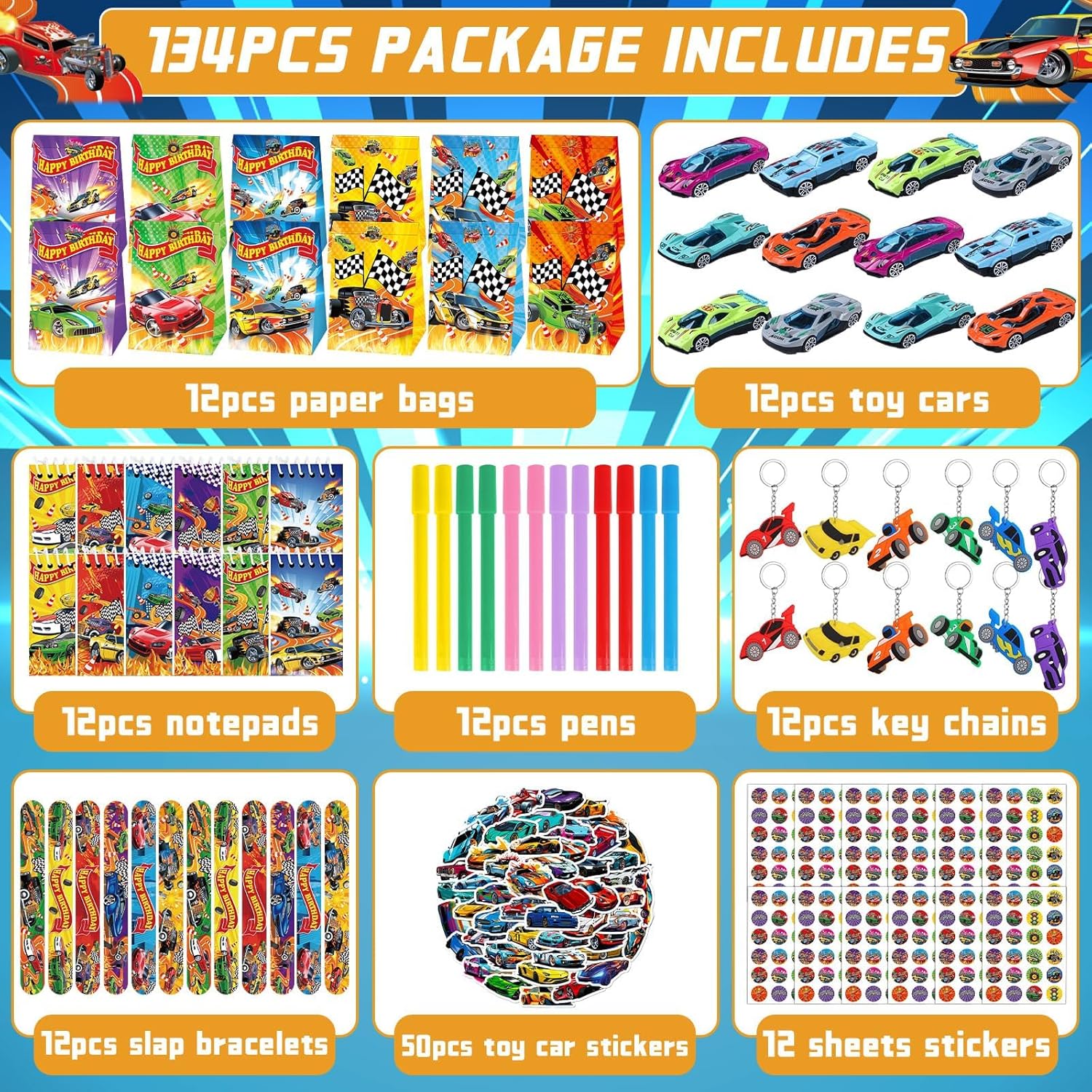 122Pcs Race Car Party Favors Racing Theme Gift Bags Notebooks Pens Keychains Slap Bracelets Mini Cars DIY Stickers for Kids Racecar Wheels Birthday Classroom Gifts Goodie Bag Stuffer Accessories