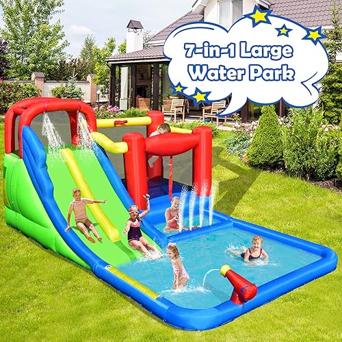 Miniatura 2 de HONEY JOY Tobogán acuático inflable, 7 en 1, casa gigante de rebote de agua, parque acuático para patio trasero al aire libre, doble tobogán,