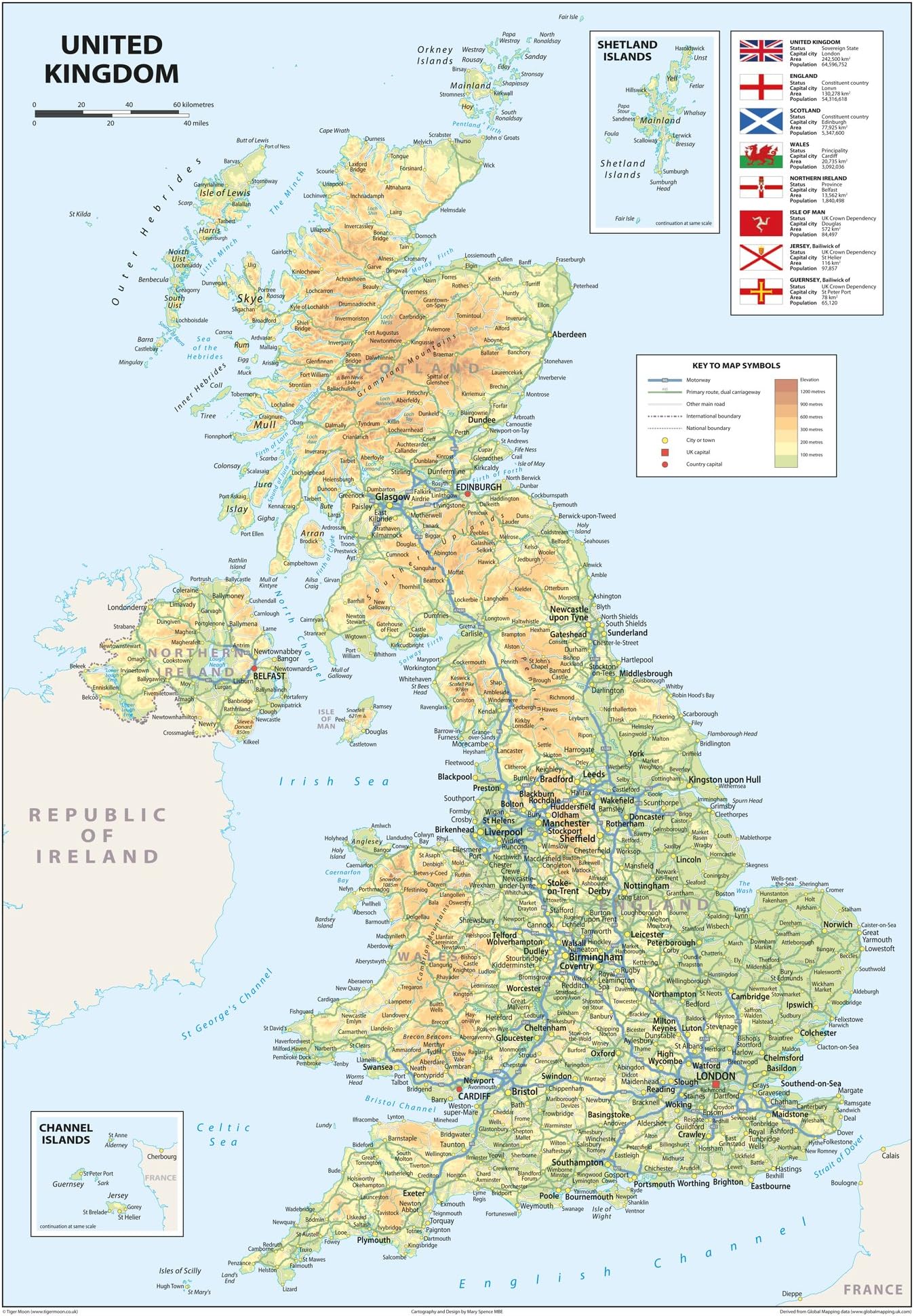 Detailed Physical Map of the United Kingdom of Great Britain and Northern Ireland - Size A2-42 x 59.4 cm - Paper Laminated