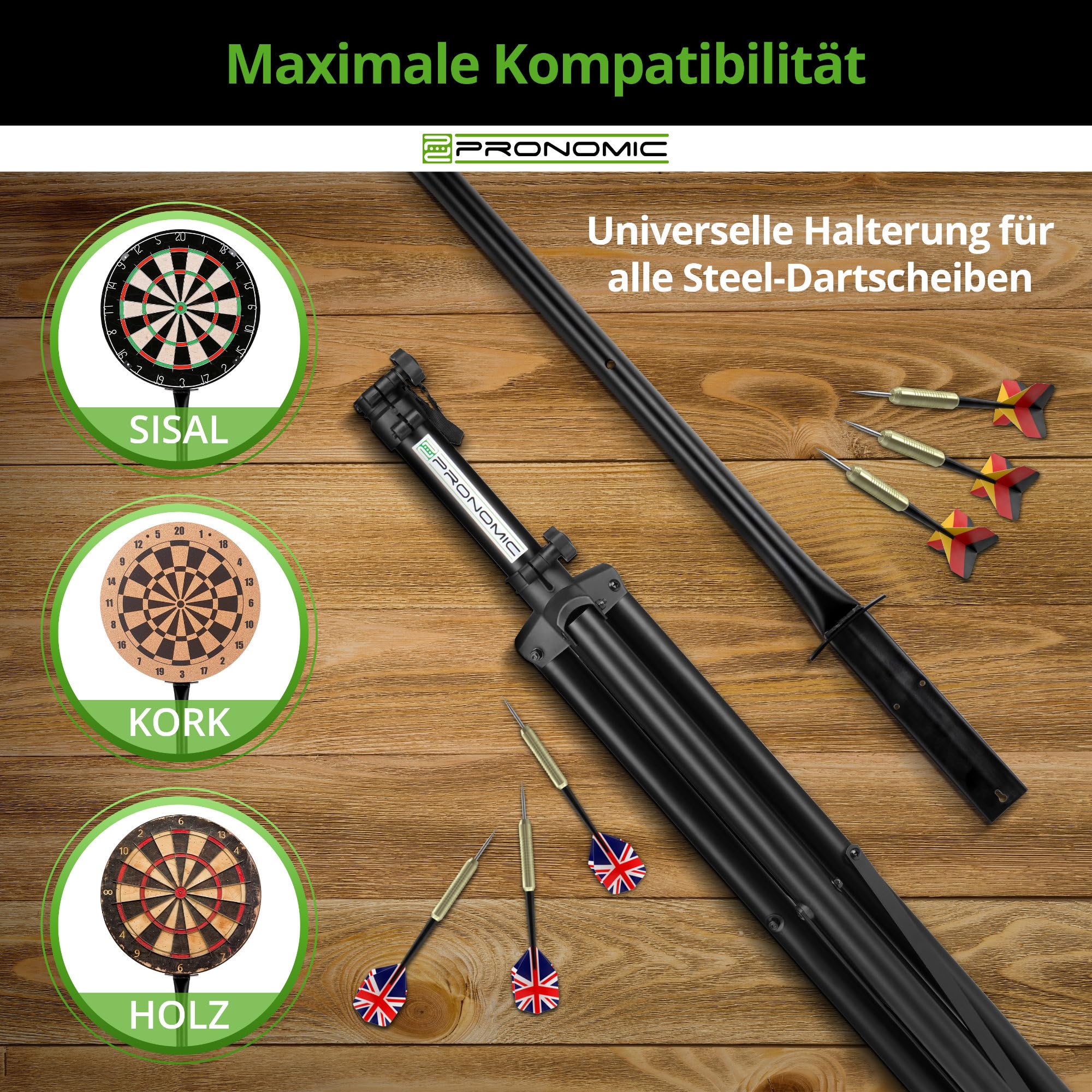 Pronomic DA-45S Ständer für Dartscheibe (Dartboard Halterung, Dartständer aus pulverbeschichtetem Stahl, stufenlos höhenverstellbar, Tasche)