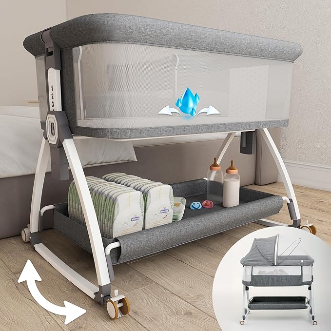 Earth&ME Baby Bassinet Bedside Sleeper with Rocking - All Mesh Portable Bedside Crib for Safe Co-Sleeping, Storage Basket and Wheels, Adjustable Height, Includes Travel Bag, Mosquito Net