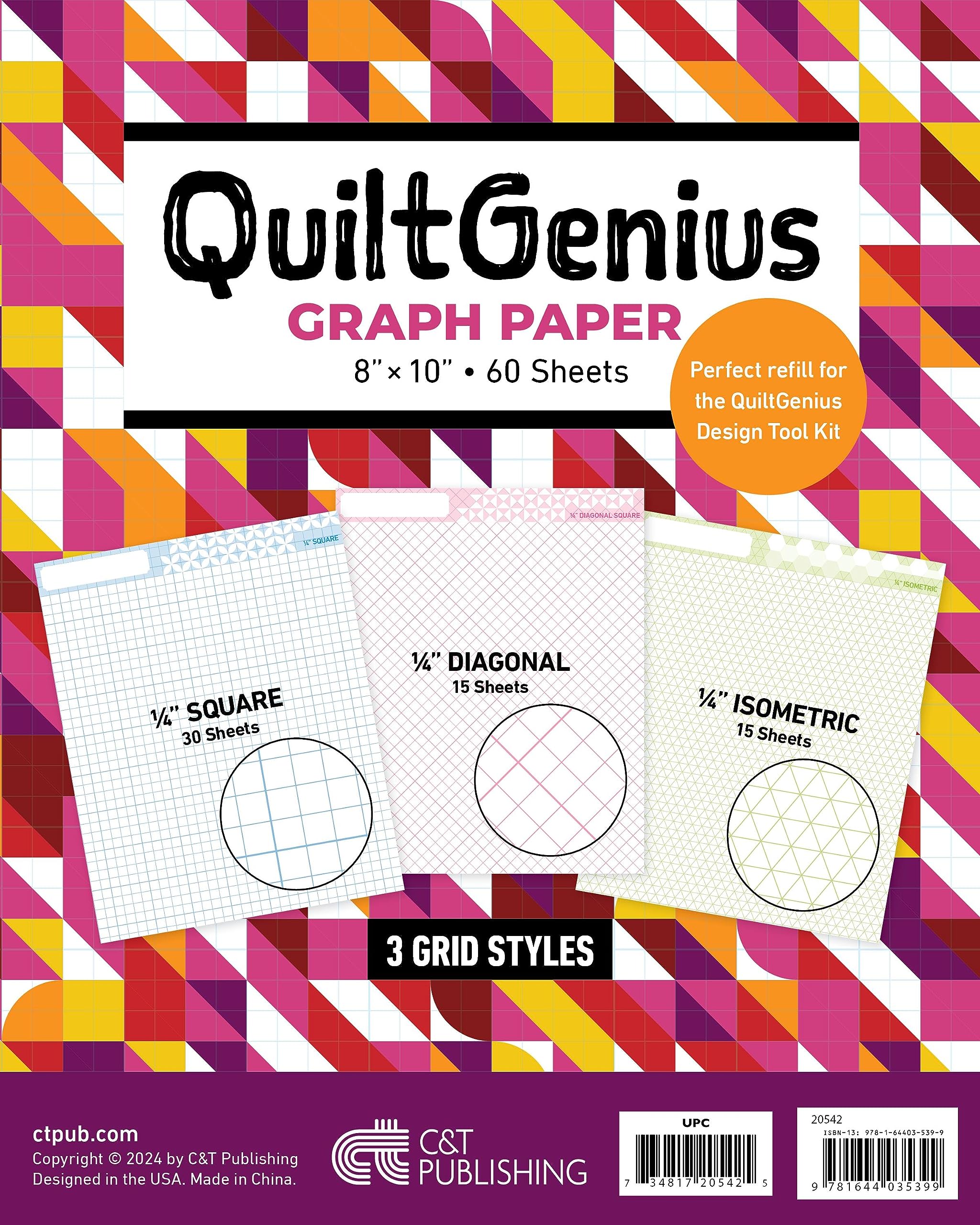 QuiltGenius Graph Paper: 3 Grid Styles, 1/4 in Square 30 Sheets, 1/4 in Diagonal 15 Sheets, 1/4 in Isometric 15 Sheets