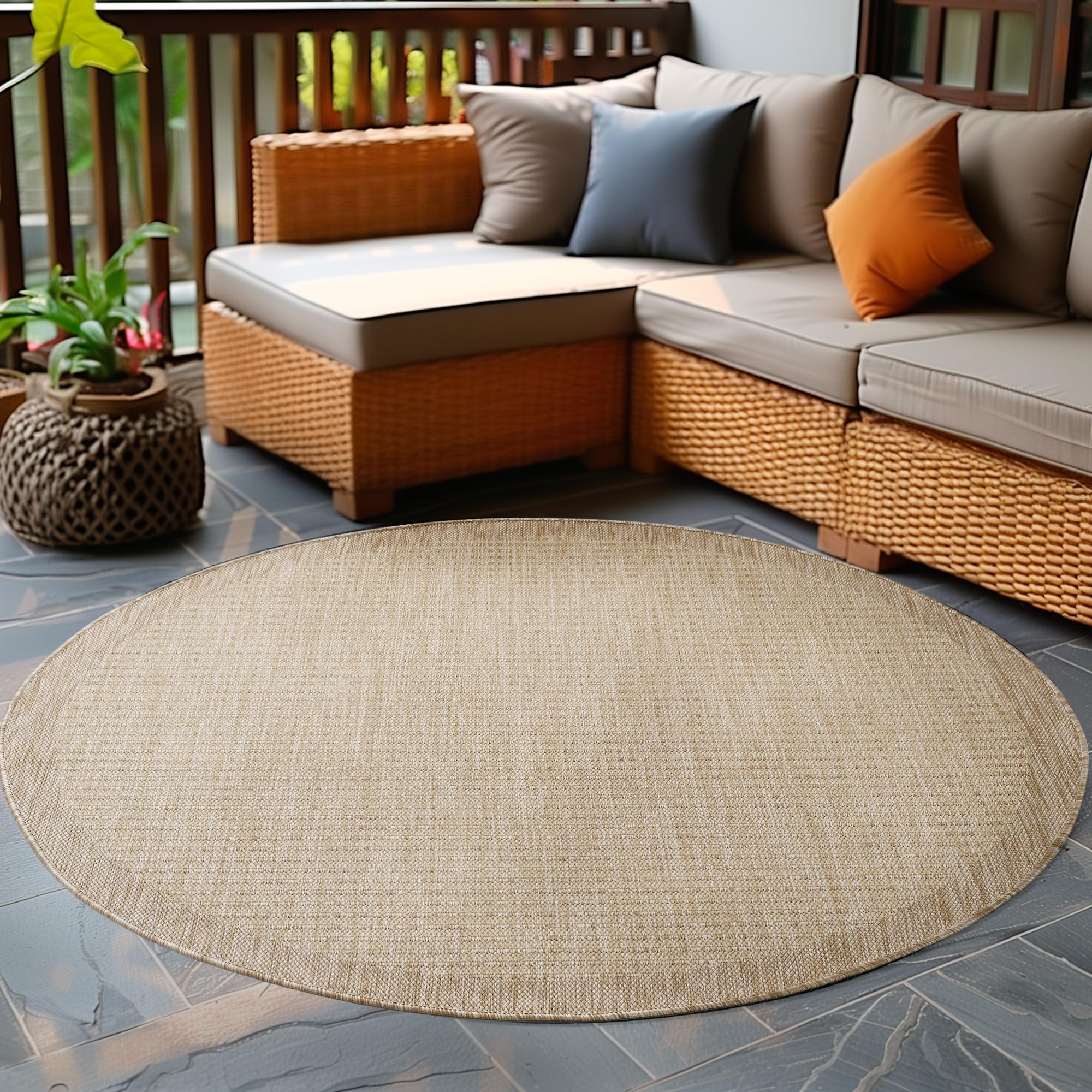 Carpetsale24 Tapis pour l'intérieur et l'extérieur - Résistant aux intempéries - 200 cm - Rond - Beige uni - Lavable - Imperméable - Facile d'entretien et tissé à plat - Idéal pour balcon, jardin