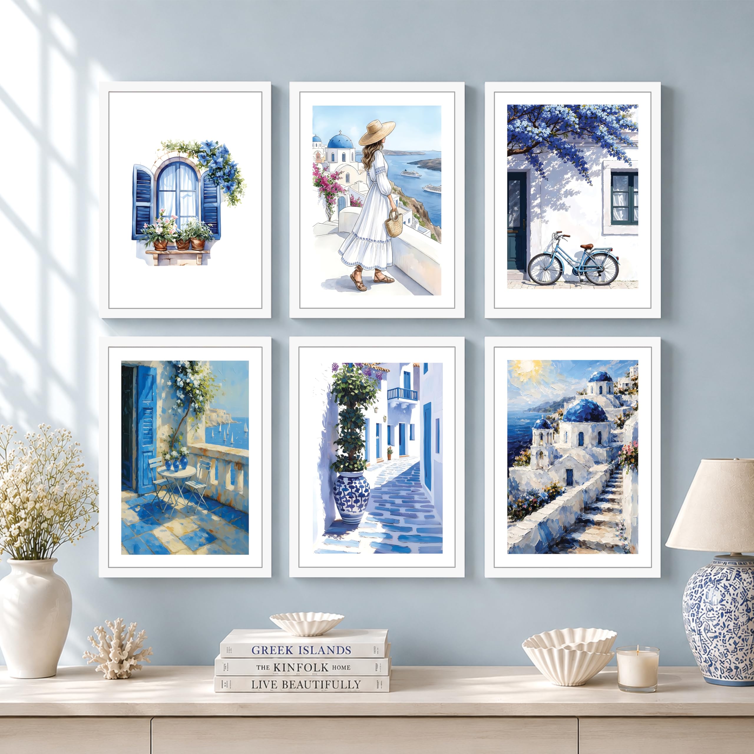 PAINTINGMANTRA Mediterranean Village Scenery Wall Art Painting for Living Room, Blue & White Coastal Aesthetic Wooden Framed Wall Art Print for Bedroom, Office & Home Decor (Set of 6, 13x9 inch)-image-18