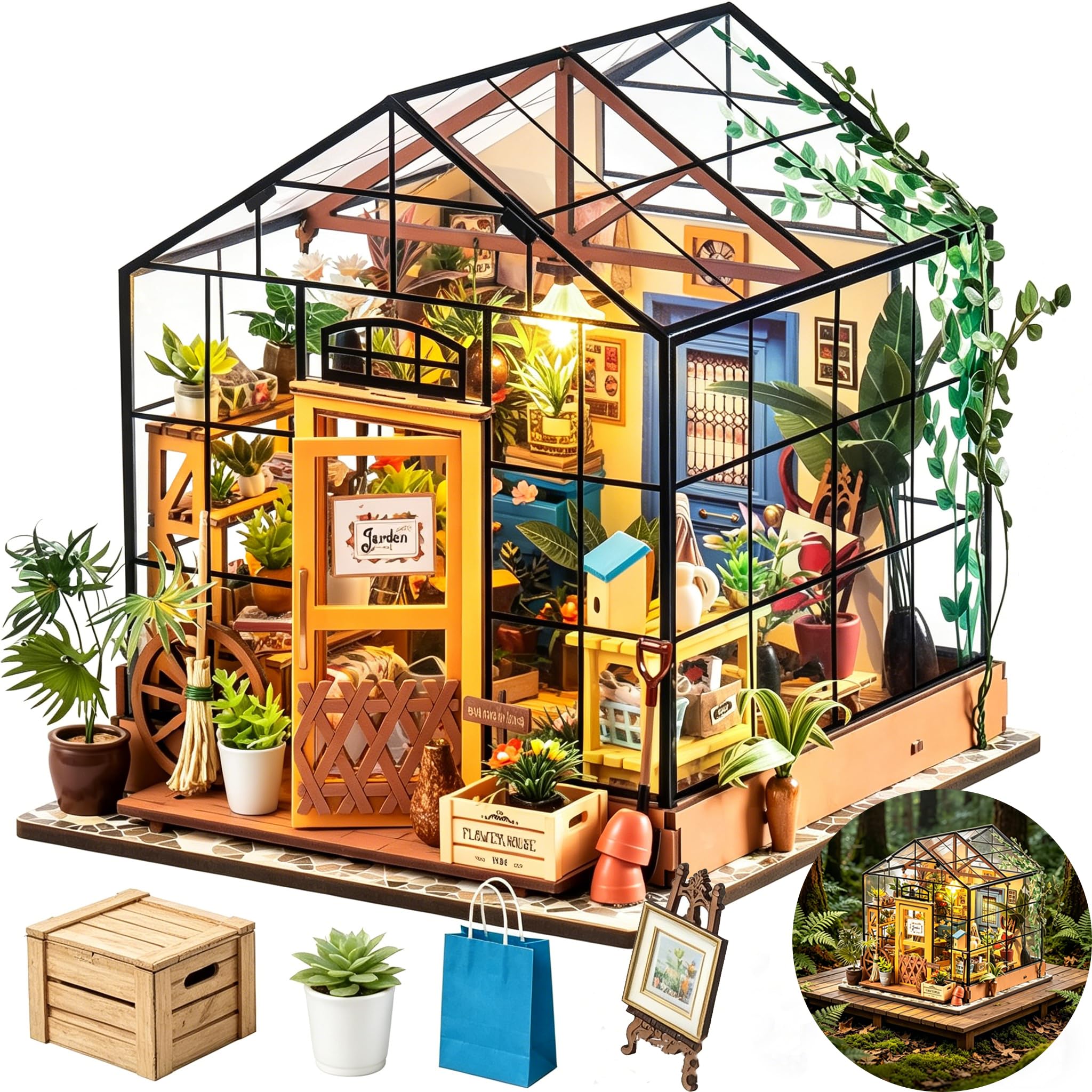 Maison Miniature DIY Kit de Construction en Bois Maison de Poupée Boutique de Fleurs Book Nook Décor Bibliothèque Cadeau Anniversaire pour Adultes Femmes et Filles