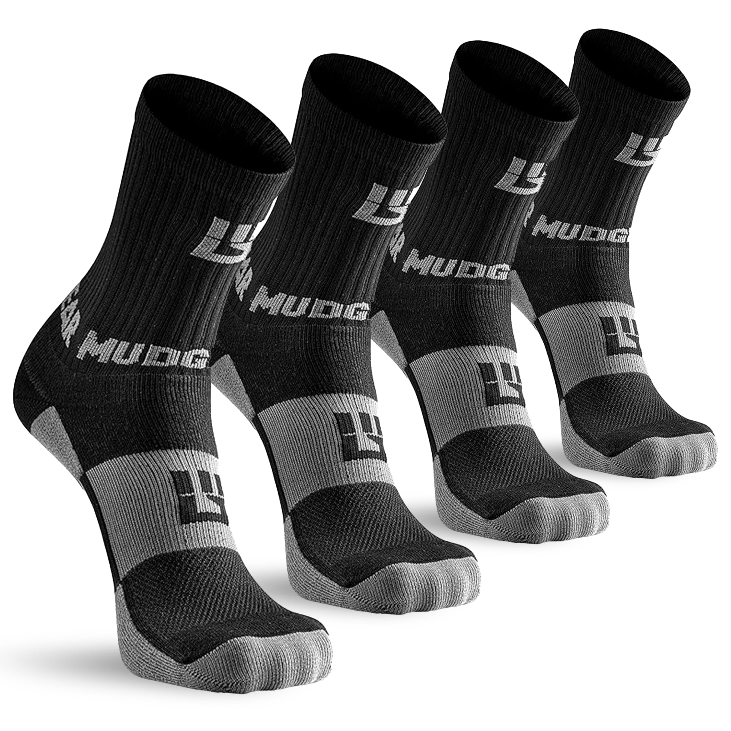 MudGear Hiking Crew Socks, Breathable High-Performance Mid-Calf Trekking Socks with Arch and Ankle Support, Sweat-Resistant and Blister-Resistant for Men and Women, 2-Pack, Black, Large