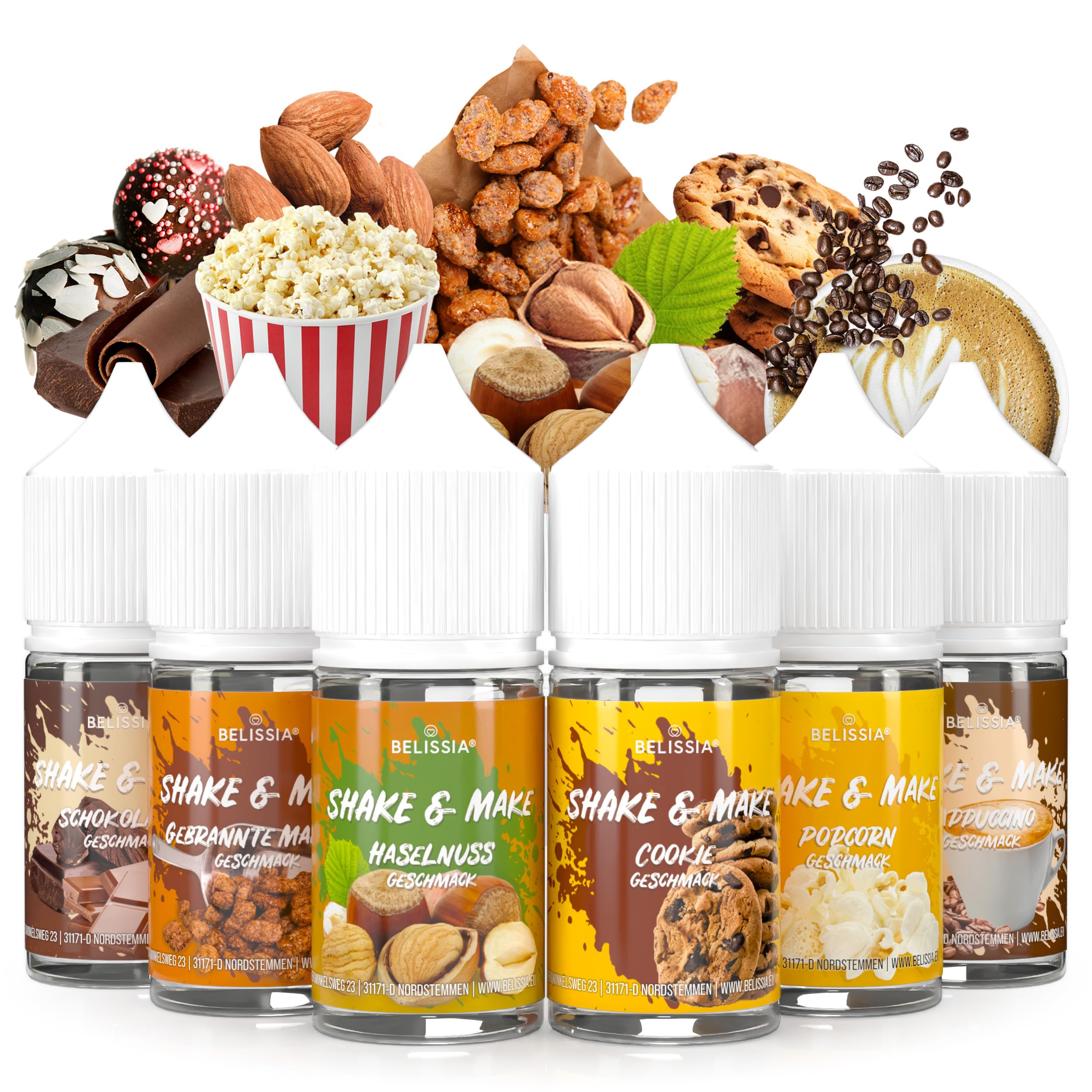 Belissia Shake and Make Kaffeepause - 6 x 30ml hochdosiertes Lebensmittelaroma - zum Nachfüllen - Für Backen, Speisen, Getränke, Shakes, DIY & Raumduft - Vegan & ohne Zusatzstoffe
