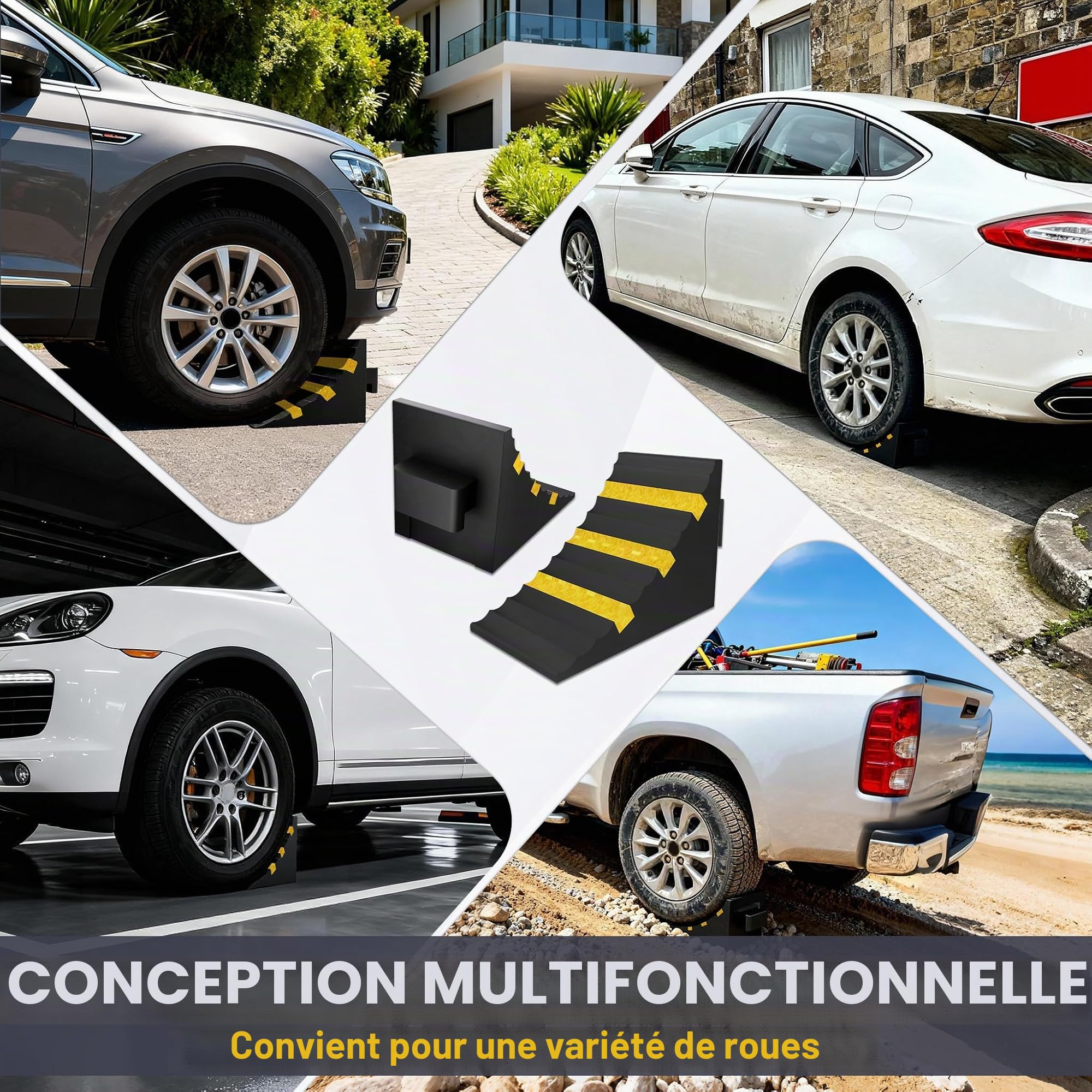 XMTECH Lot de 2 cales de roue en caoutchouc - Extra solides et antidérapantes pour voiture, SUV, camping-car, camion et remorque, bandes de sécurité réfléchissantes, faciles à manipuler, empêchent le