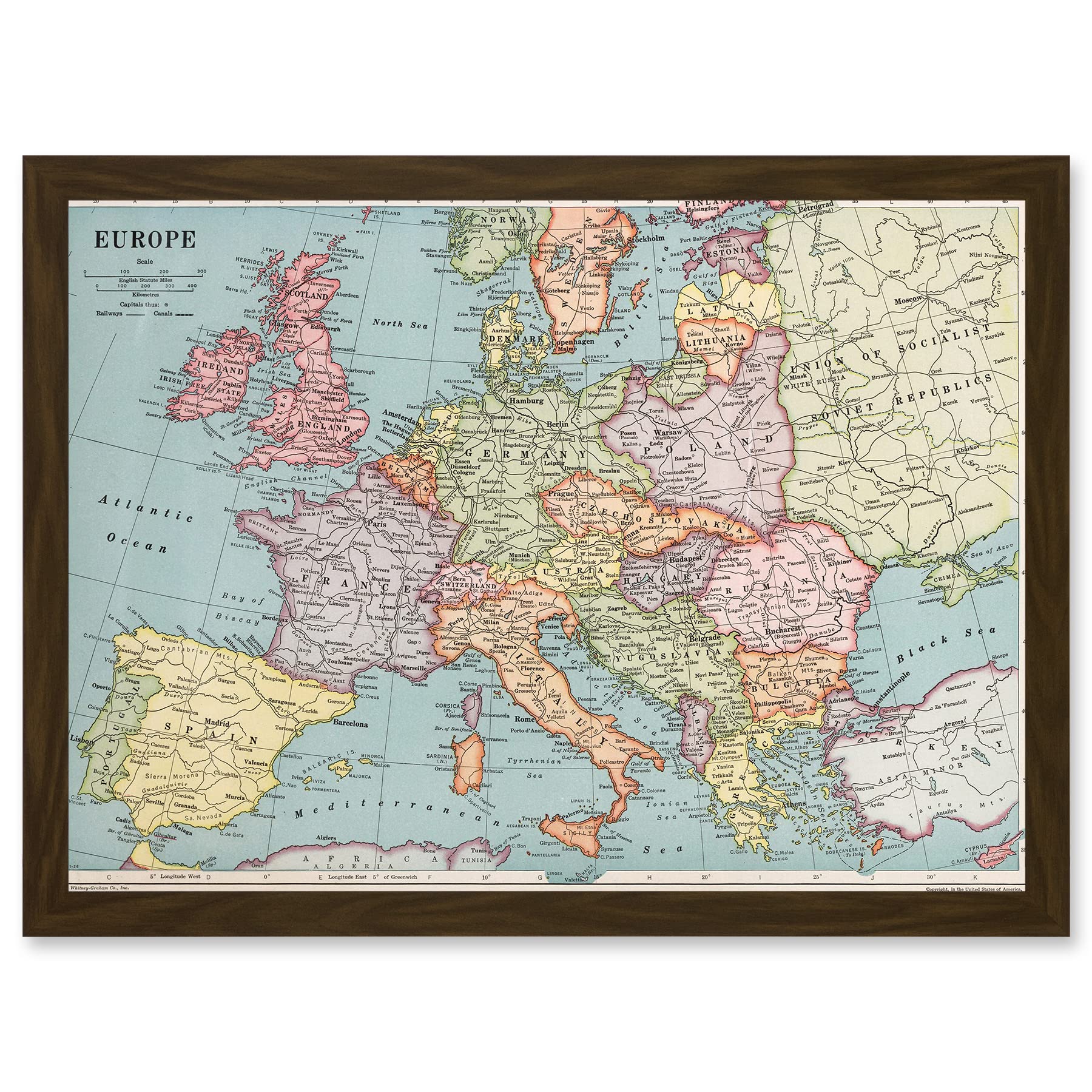 Artery8 Whitney-Graham 1930 Europe Political Map Artwork Framed Wall Art Print A4