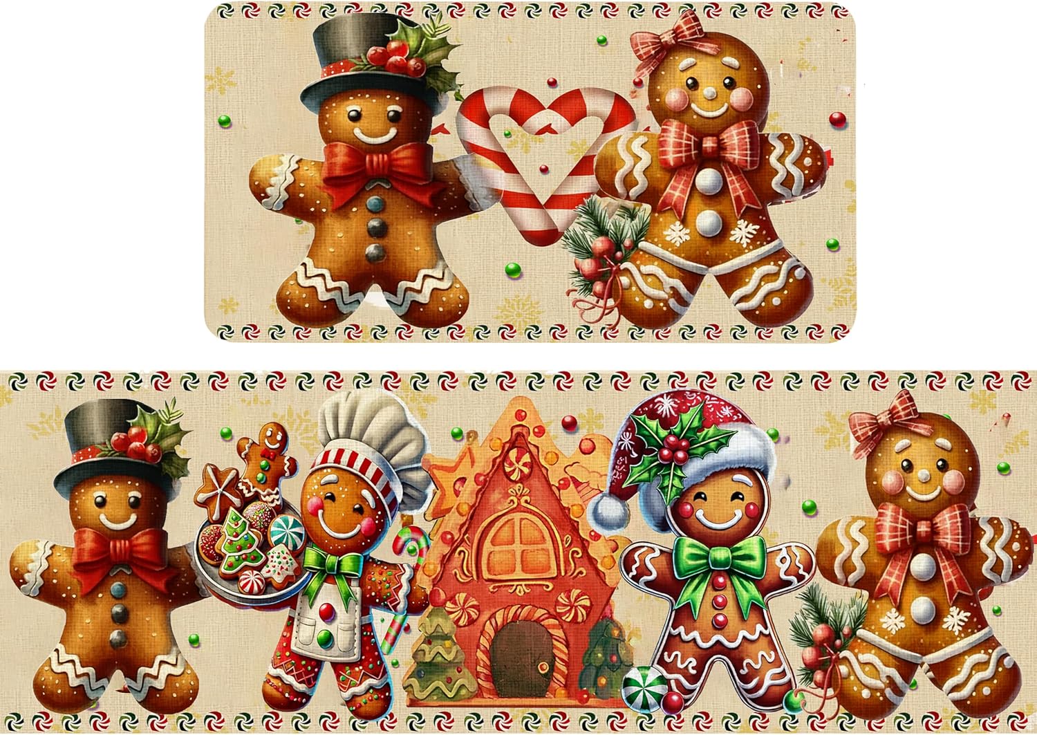 Christmas Decorations,Gingerbread Christmas Decorations,Gingerbread Candy Cane Christmas Kitchen Mats Set of 2, Non Slip Absorbent Kitchen Mat Waterproof Runner Rug 17x29 and 17x47 Inch
