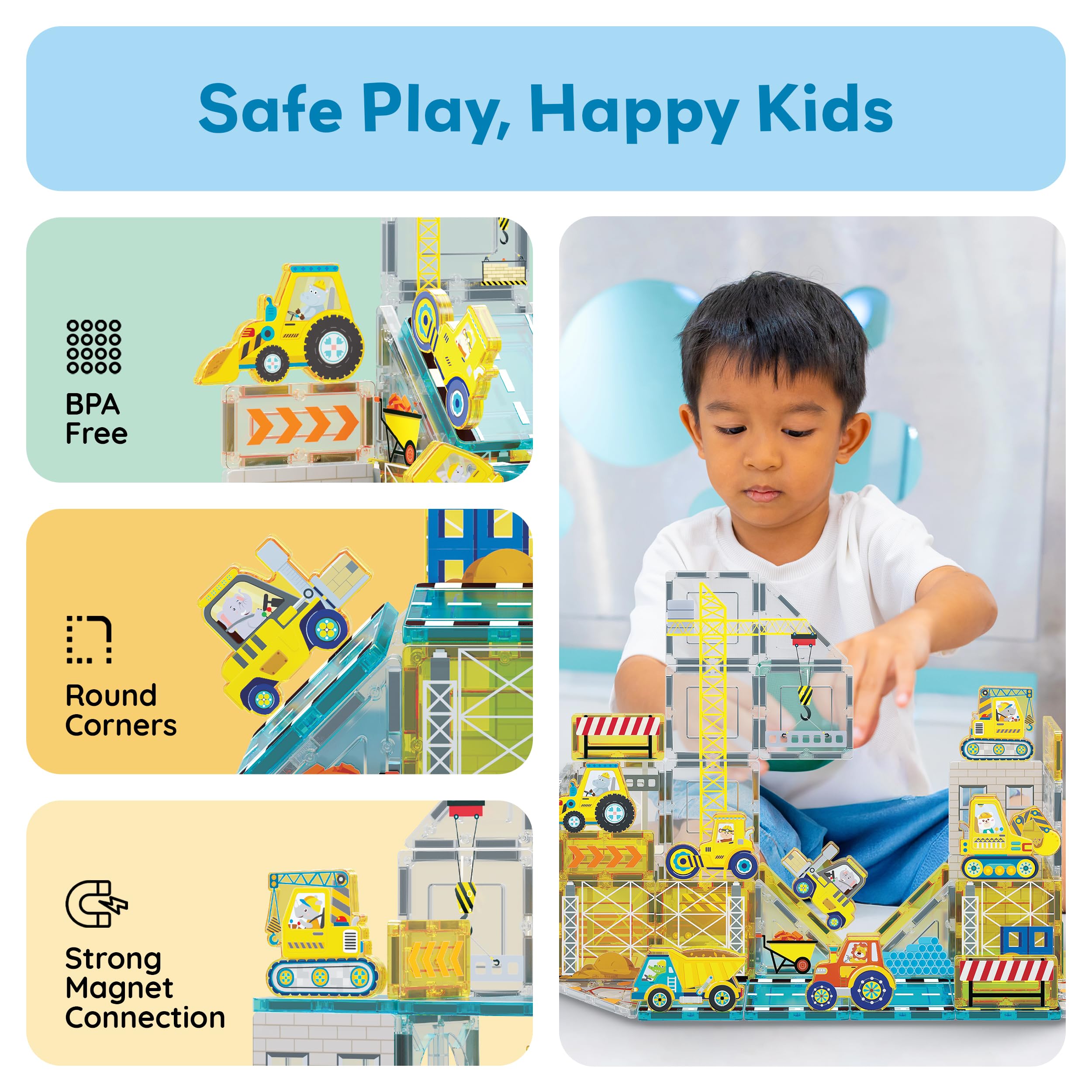 PicassoTiles Magnetfliesen-Baustein-Set mit 8 Baufahrzeugen Kurbelwagen, Bagger, Bullsdozer, Straßenwalze, Betonmischer, Traktor, Muldenkipper, Gabelstapler, Magnetspielzeug für Kinder ab 3 Jahren,