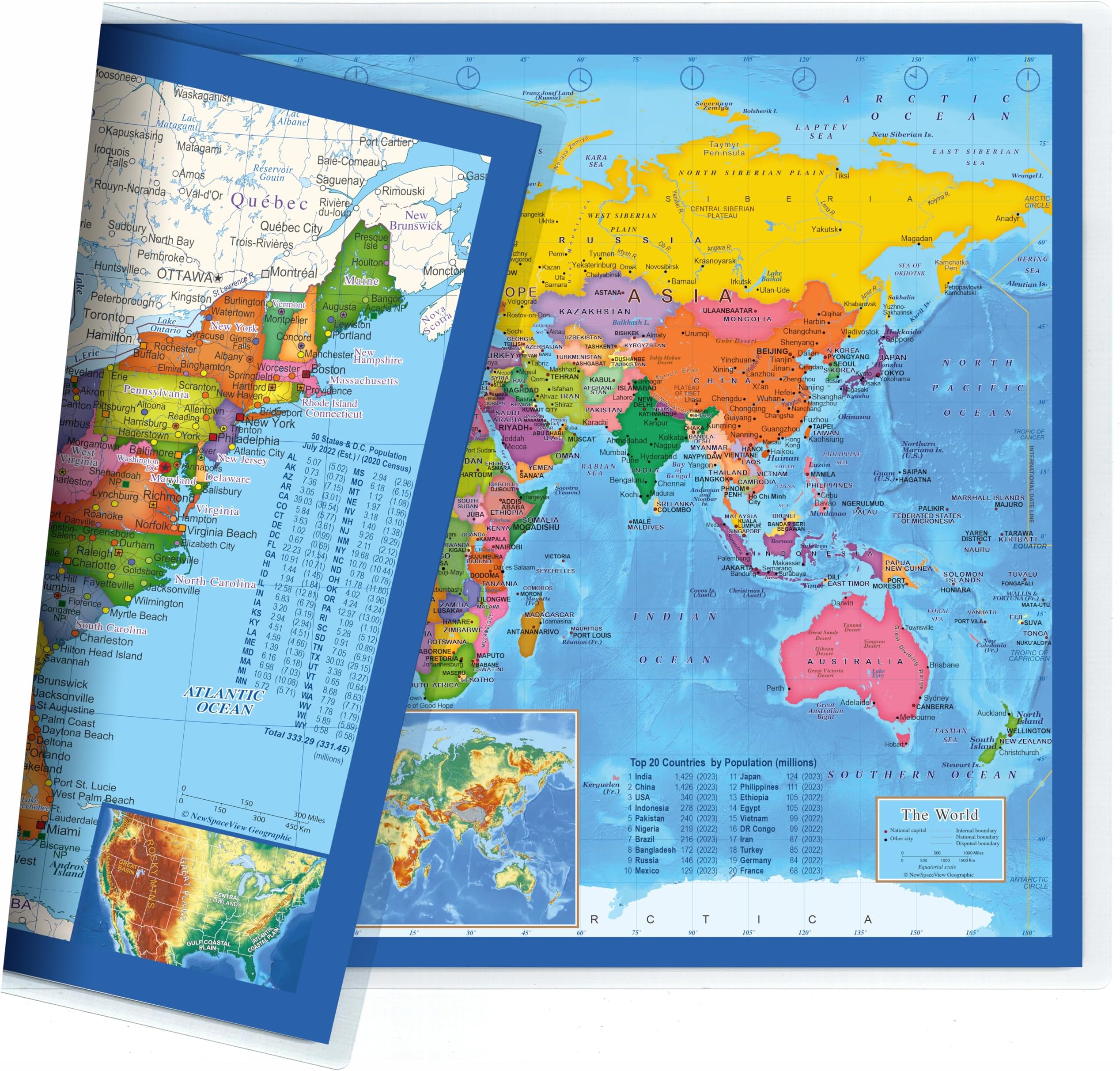 2-Sided Desk Map with Durable Lamination (1 Pack: US/Europe Centered World 17.5 x 11.5 inches)