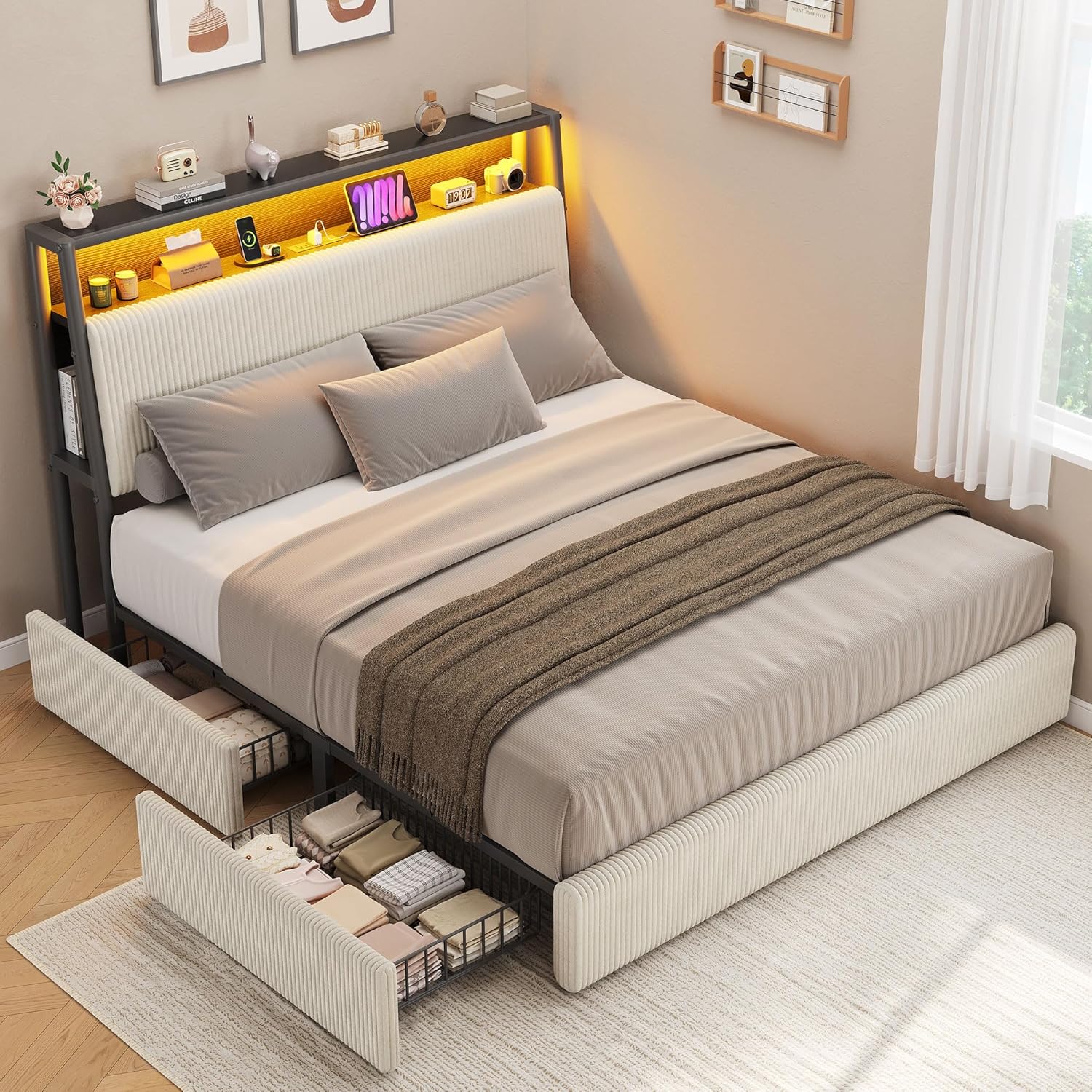Upholstered Full LED Bed Frame with 2 Storage Drawers and Charging Station, Corduroy Platform Bed with 3-Tier Storage Bookcase Headboard, Heavy Duty Metal Support, No Box Spring Needed - Beige Beige Full