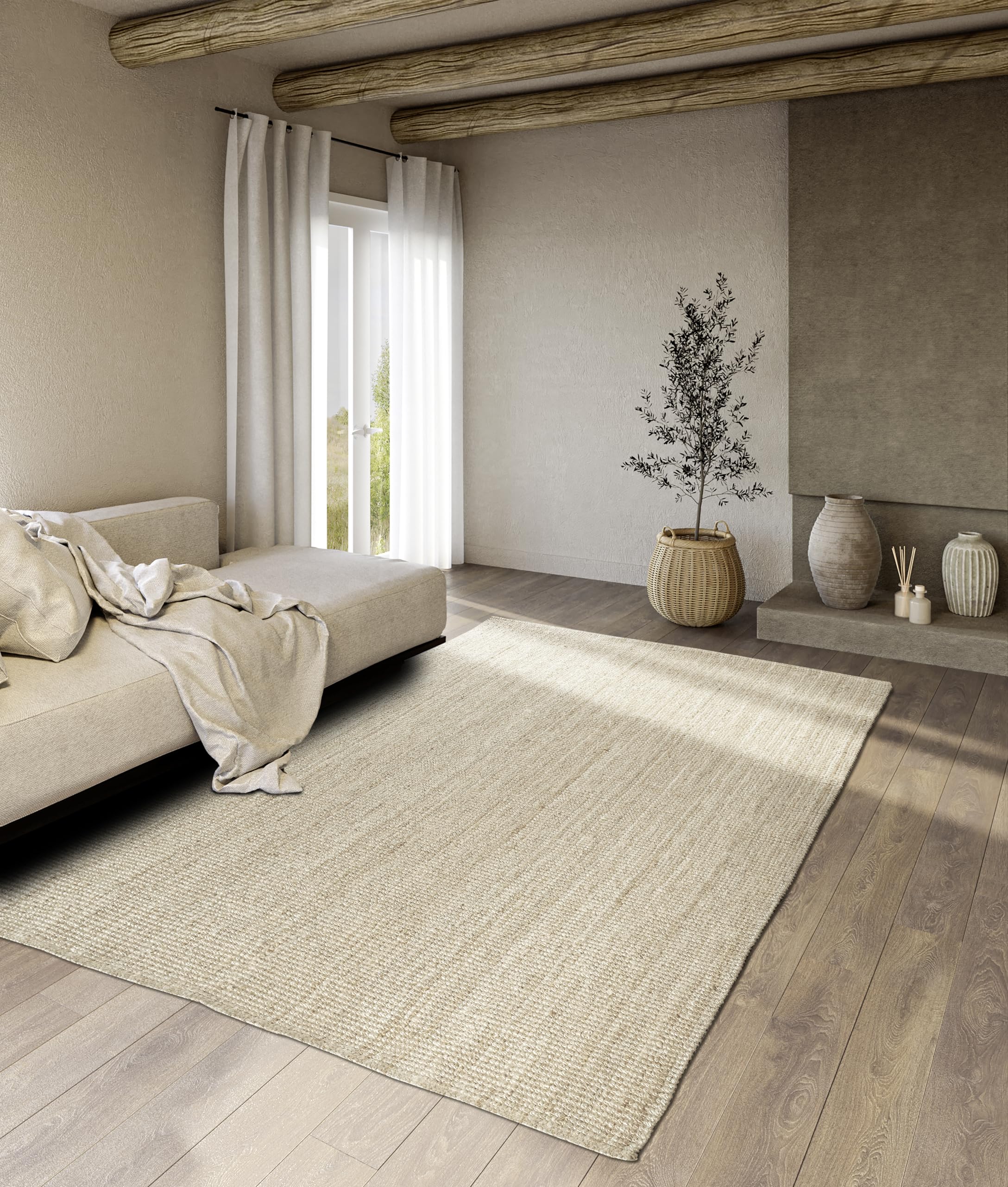 Villeroy & Boch Jute Teppich Rosalie - Natur Wohnzimmerteppich Handgewebt & Umweltfreundlich - Boho Teppich für Wohnzimmer, Schlafzimmer, Esszimmer – Natur Weiß, 200x290cm