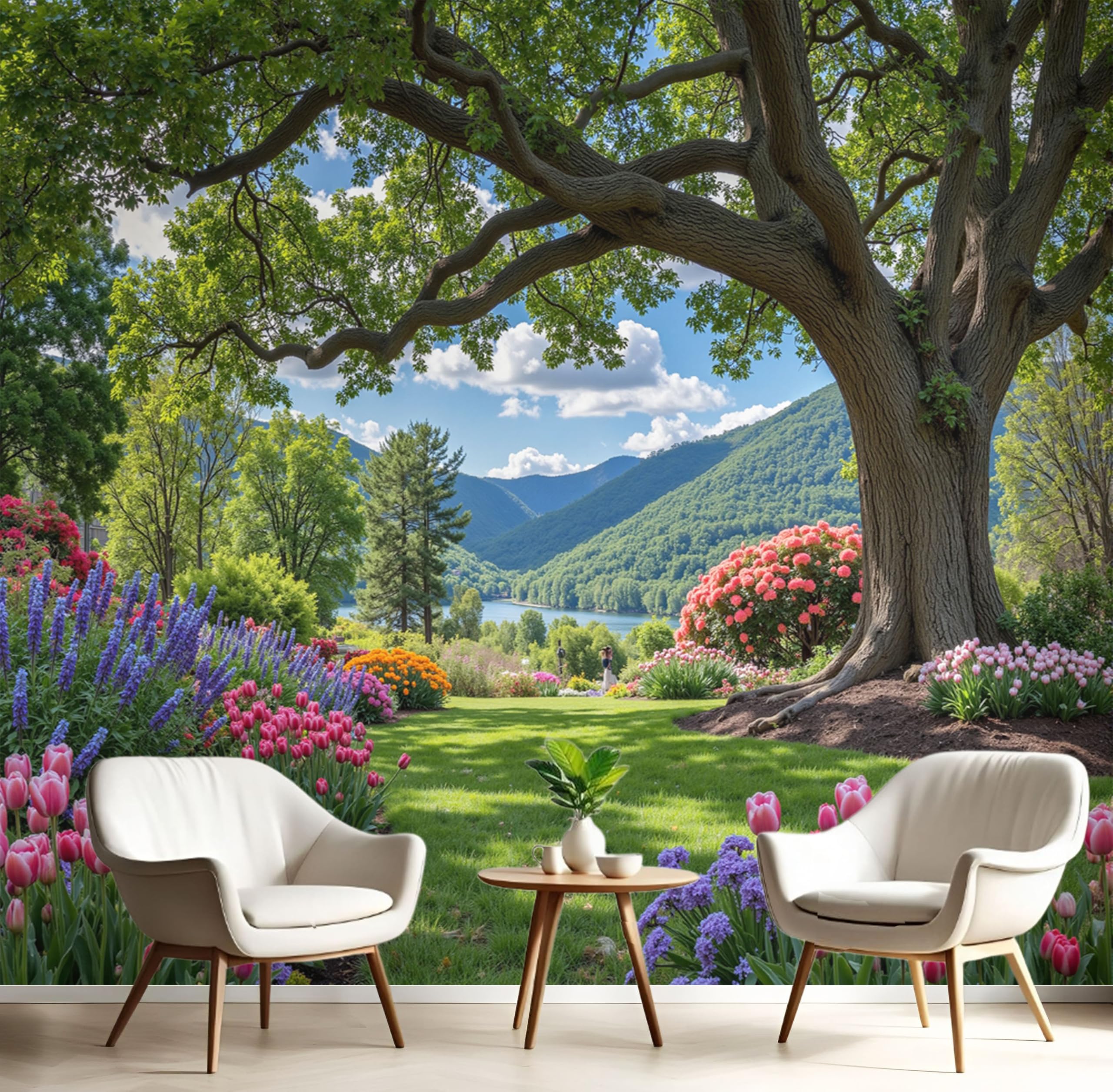 Papier peint panoramique paysage forestier et tulipes décor mural 150x105