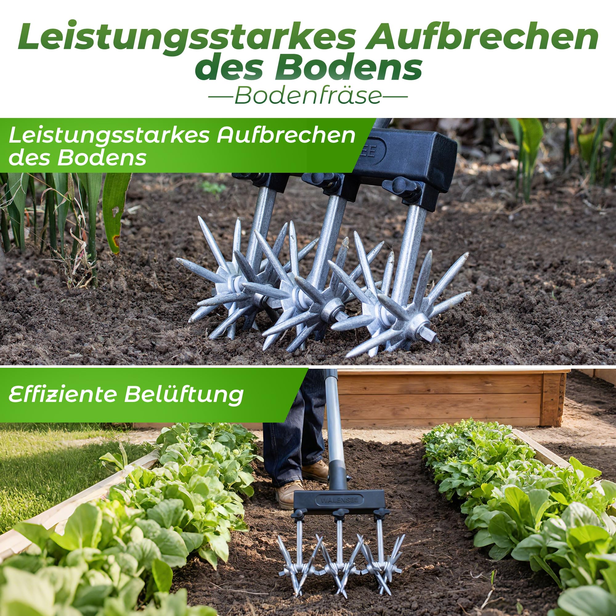 Walensee Rotierender Gartenkultivator, Verstellbare Handfräse mit Teleskopstiel, Rostfreie Sternräder zum Auflockern des Bodens, Jäten & Belüften des Rasens, Leichtes Gartenwerkzeug