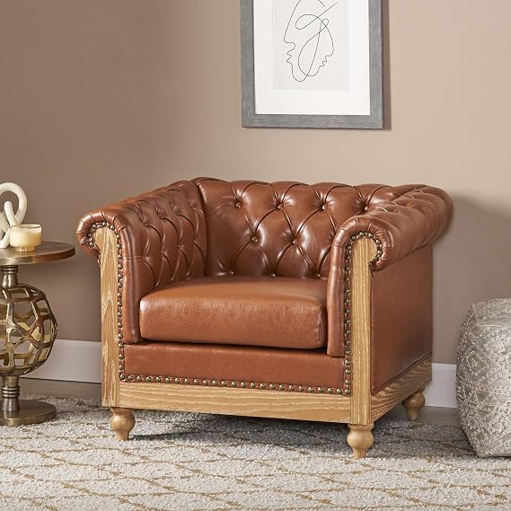 Castalia Tufted Club Chair with Nailhead Trim - Cognac Brown/Natural