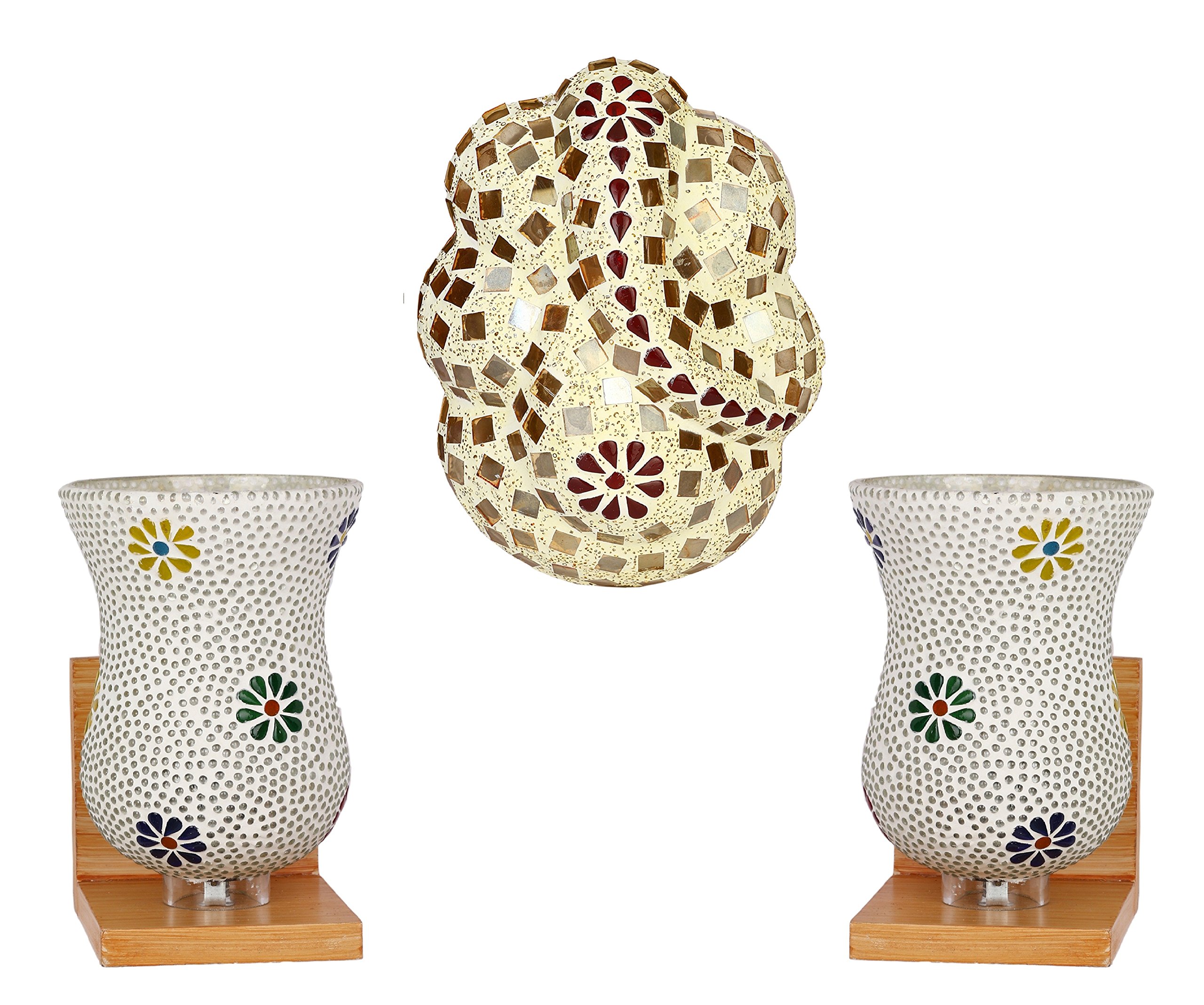 Somil Combo of 1 Mosaic Blessing God Ganesh with 2 Mosaic Wall Lamp Light with Wood Fitting, Compatible with 5 to 60 Watt LED