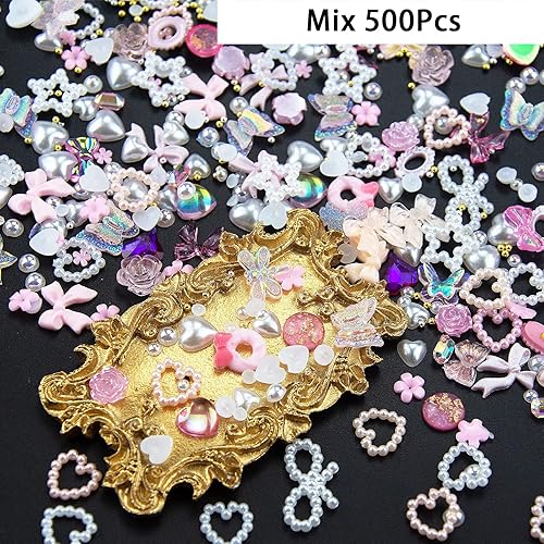 Miniatura 3 de 400 dijes de uñas de perlas rosas y blancas surtidas, acrílicos, multiformas, corazón, flores, lazo, lindos dijes de uñas, mezcla de corazón,